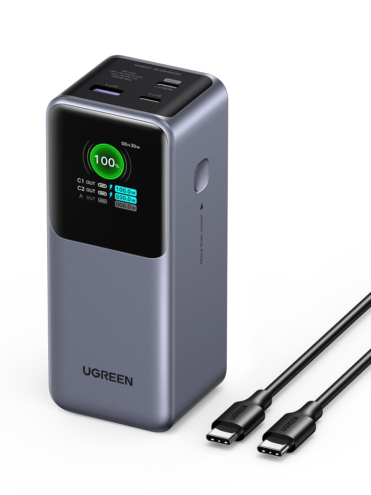 UGREEN Nexode 20000mAh 130W PD Fast Charging Power Bank with Digital Display - 3 USB-C Ports for iPhone 16 Plus/Pro/Max, Galaxy S24 Ultra, MacBook Pro/Air, iPad | Portable Charger for Travel, Camping & Emergency Backup