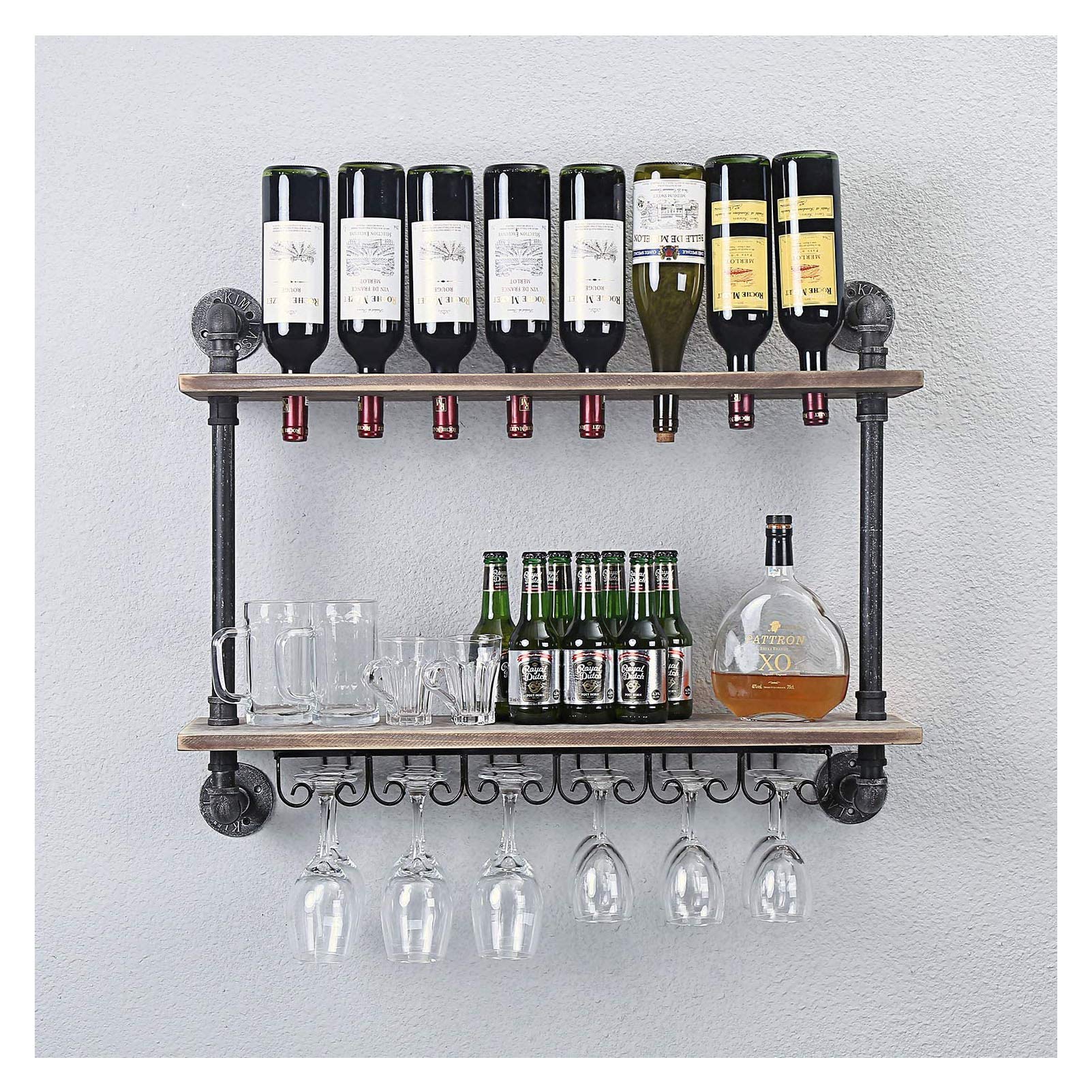 Wall-Mounted Wine Rack with 6 Long Stem Glass Holders - Rustic Industrial Pipe Stave Wine Storage Shelf for Kitchen, Bar & Dining Room Decor