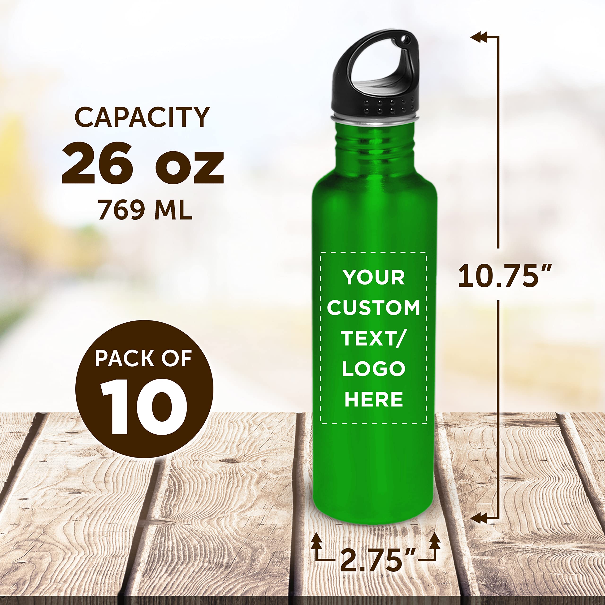 Custom Stainless Steel Water Bottles 26oz (Set of 10) - Personalized Bulk Pack, Reusable & Leak Proof - Ideal for Gym, Hiking, Camping, Outdoor Sports - Eco-Friendly Green Bottles for Workouts, Travel & Everyday Hydration