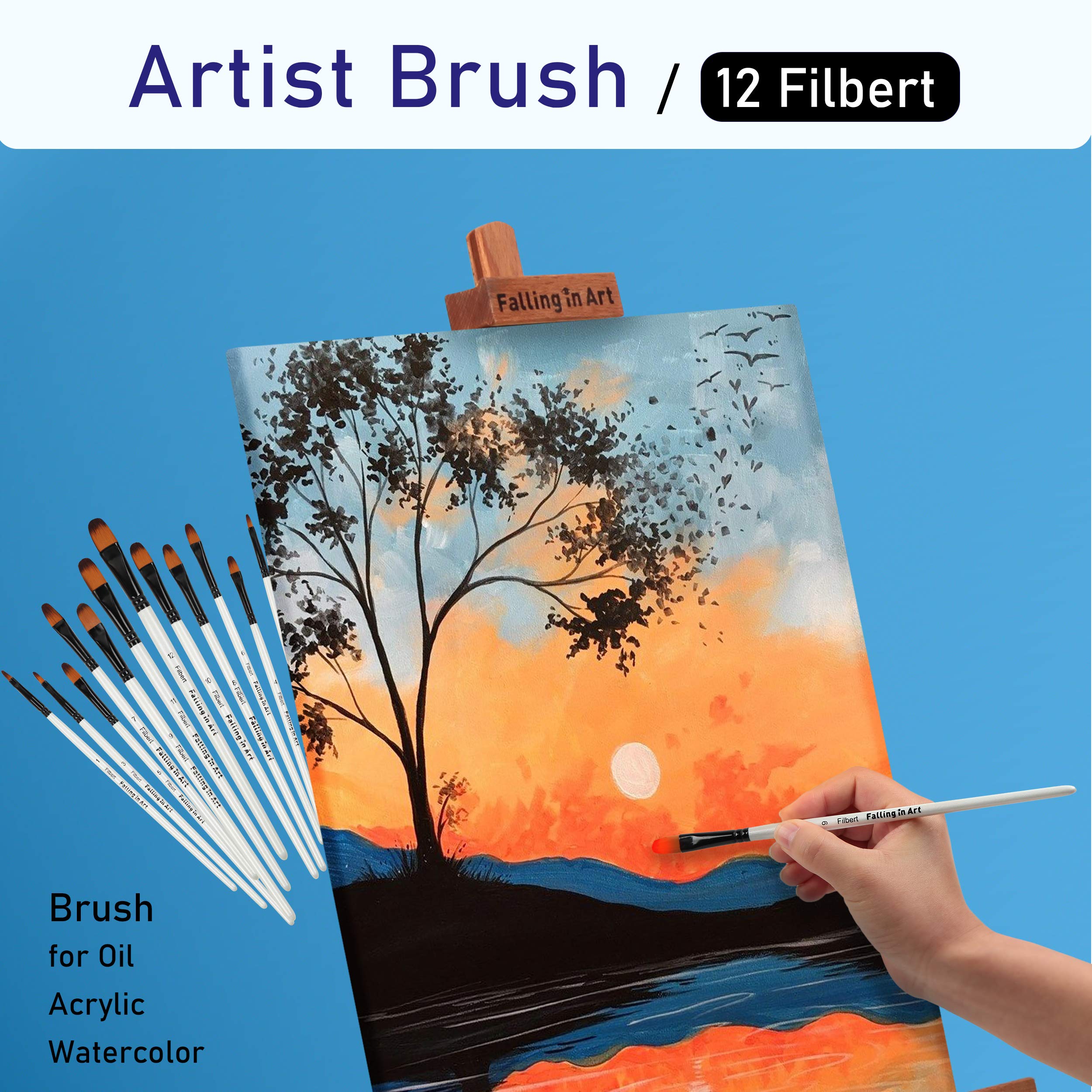 12-Piece Professional Nylon Filbert Paint Brush Set for Watercolor, Oil, Acrylic - Ideal for Face/Body Art, Nail Design, Rock Painting & DIY Crafts