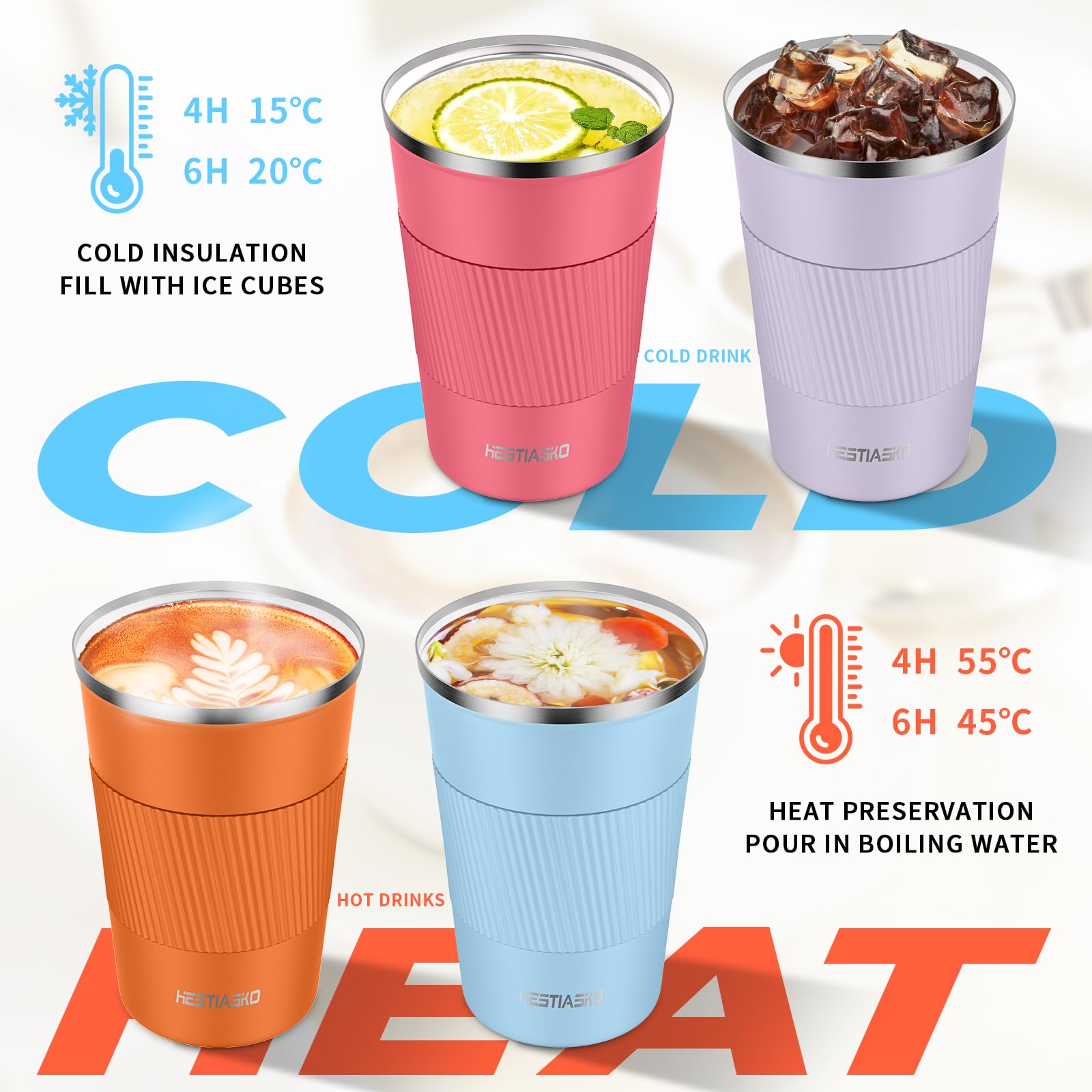 Hestiasko 13 oz (380ml) Double Walled Vacuum Insulated Travel Coffee Mug - 304 Stainless Steel Leakproof Tumbler with Lid for Hot & Cold Drinks (Rose Red) - Perfect for Coffee, Tea, Cola, Milk on the Go, Office, Commuting & Outdoor Activities