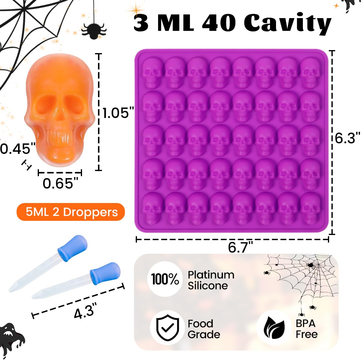 Halloween Skull Silicone Molds 2-Pack - Mini Skull Candy Molds for Chocolate, Gummies, Ice Cubes & Soap Making - Includes 2 Droppers - Perfect for Halloween Baking, Party Treats & DIY Crafts