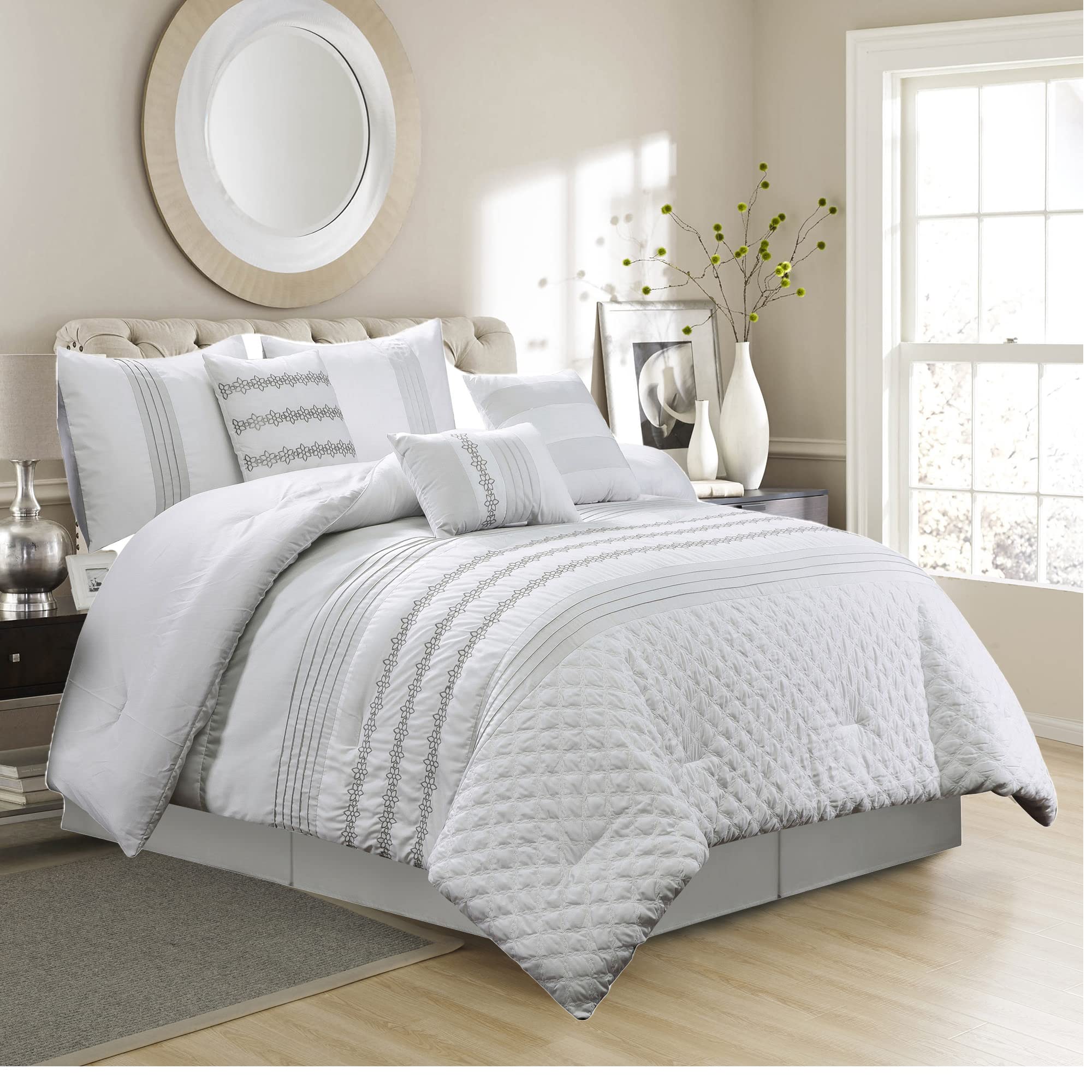 Luxury 7-Piece King Comforter Set - Premium Bedding with Shams, Bed Skirt & Cushions | Elegant White Ivory Floral Design | All-in-One Bed in a Bag | Perfect for Master Bedroom, Guest Room & Hotel Decor (21599, King Size)