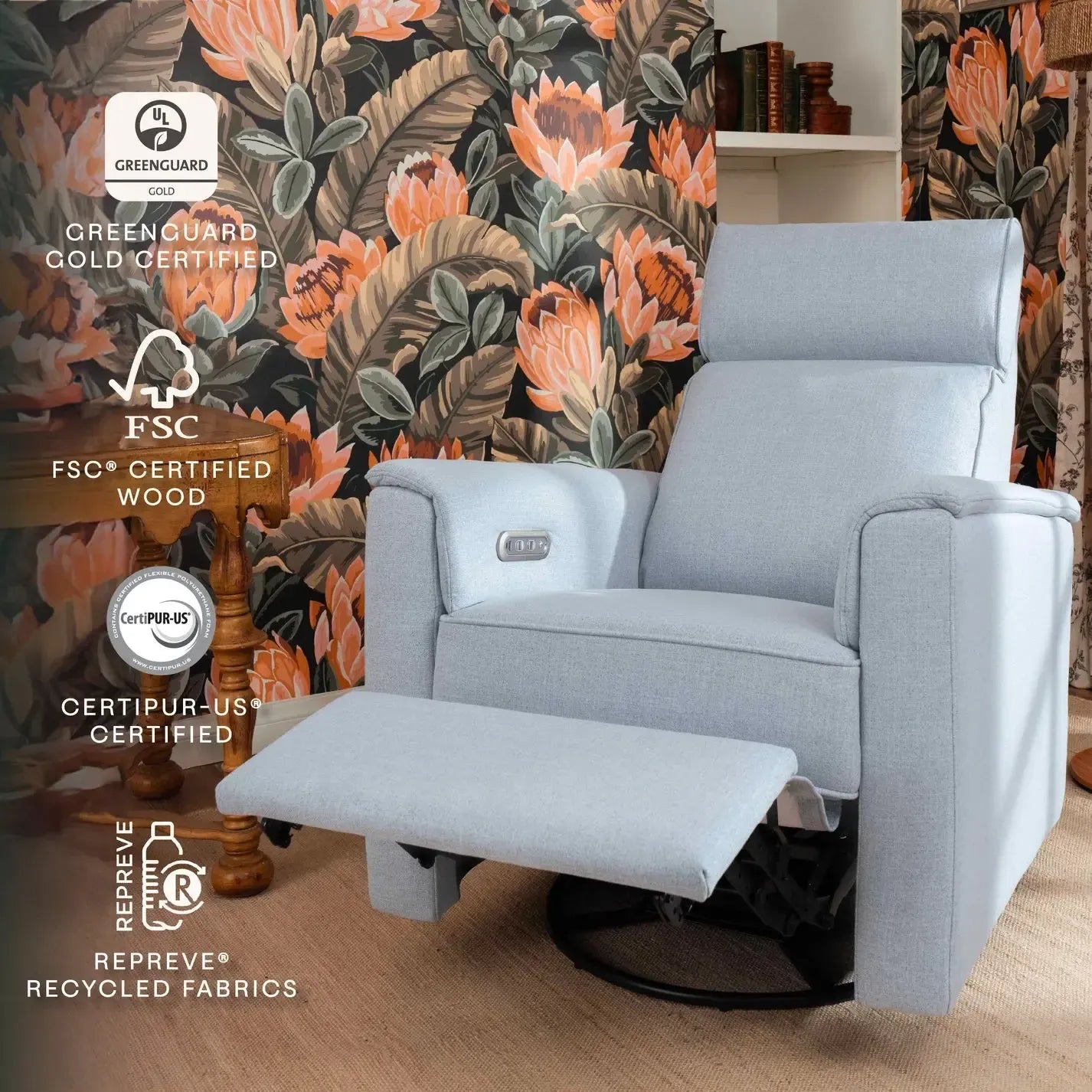 Monogram by Namesake Willa Power Recliner with Adjustable Headrest - Performance Chambray Eco Twill Fabric - Perfect for Living Room, Home Theater & Office Relaxation