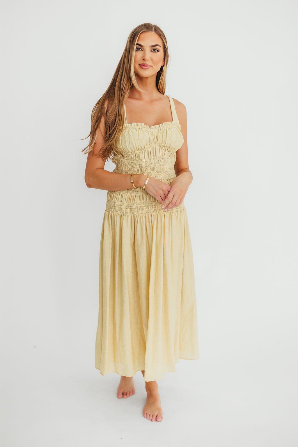 Della Women's Adjustable Tie Midi Dress in Yellow - Flowy Summer Dress for Beach, Party & Casual Wear