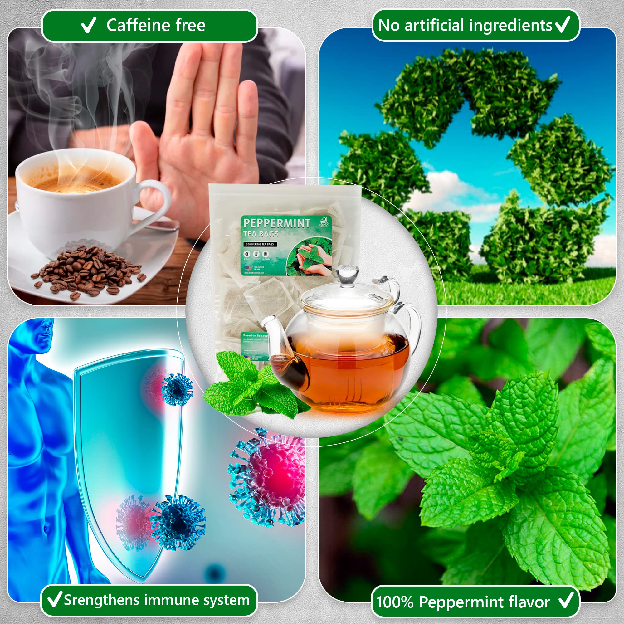 Peppermint Tea Bags for Digestion - 200 Count Herbal Tea Bags | Caffeine-Free Mint Tea with Natural Aroma | Soothes Stomach Discomfort & Promotes Relaxation | Perfect for After Meals, Stress Relief & Bedtime Wellness