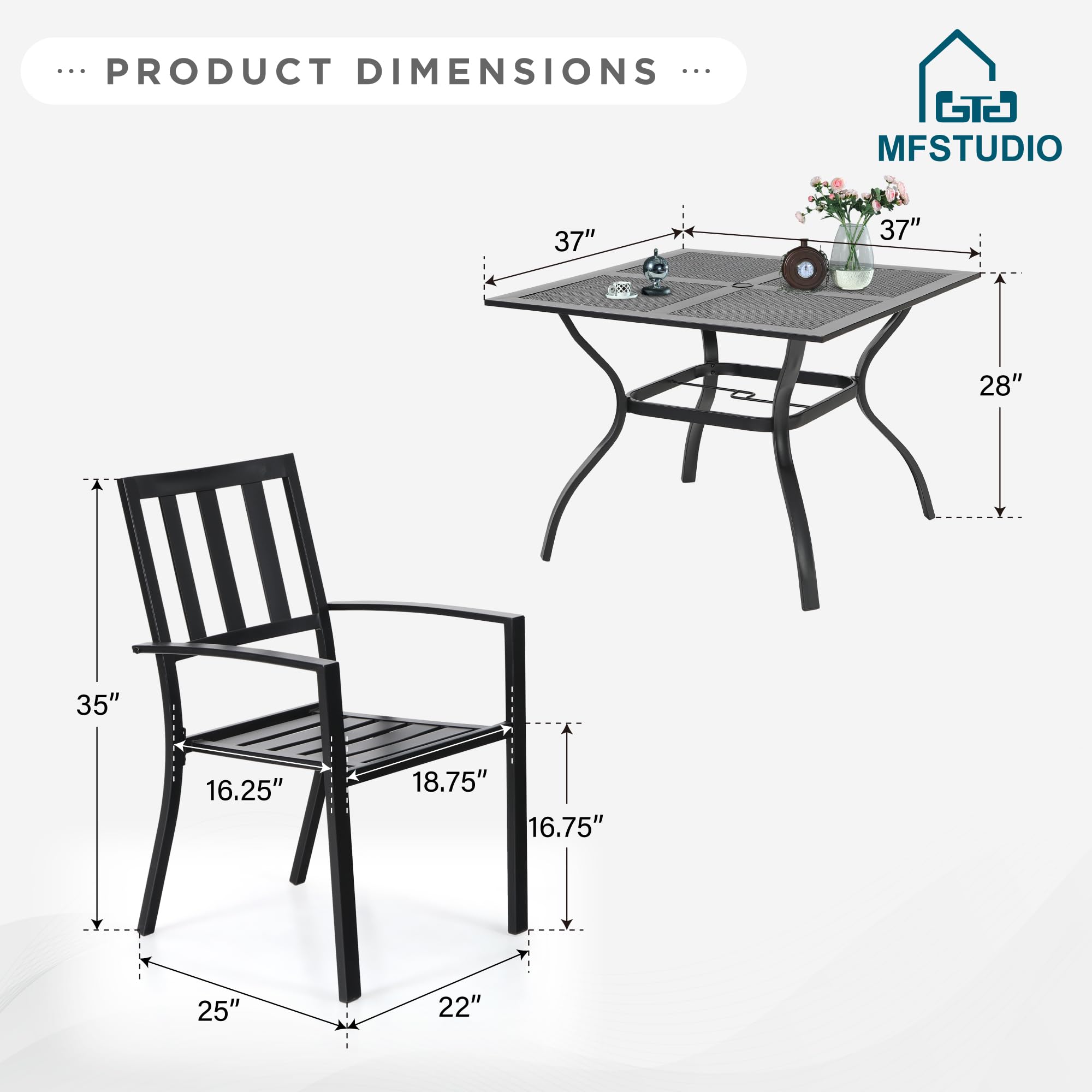 MFSTUDIO 5-Piece Outdoor Patio Dining Set - Black Metal Square Table with 4 Stackable Chairs & 1.57