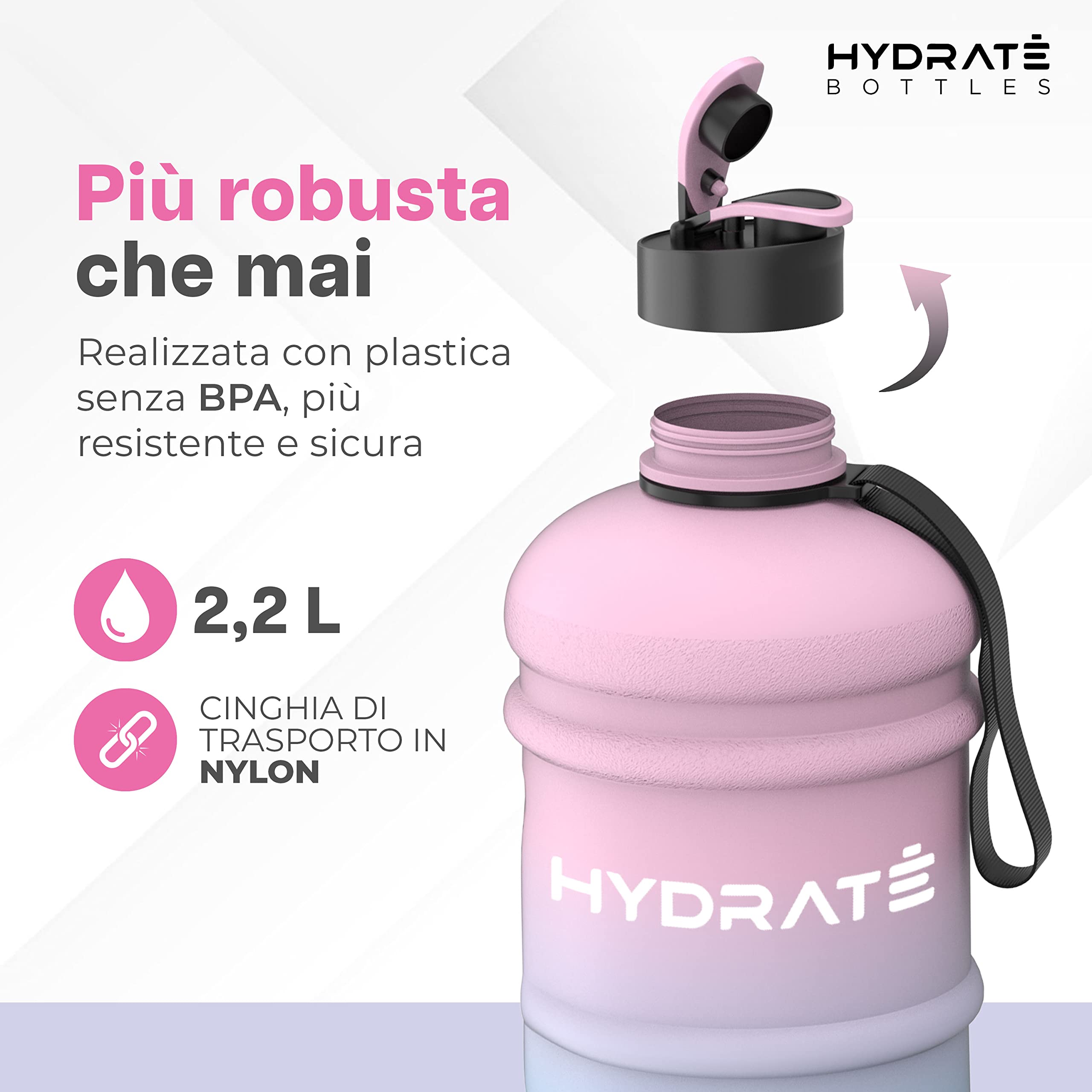 HYDRATE 2.2L Half Gallon Gym Water Bottle for Men - BPA Free Large Sports Water Jug with Leak Proof Flip Cap & Silicone Seal - Reusable Hydration Bottle for Workout, Fitness, Running & Outdoor Activities - Blue