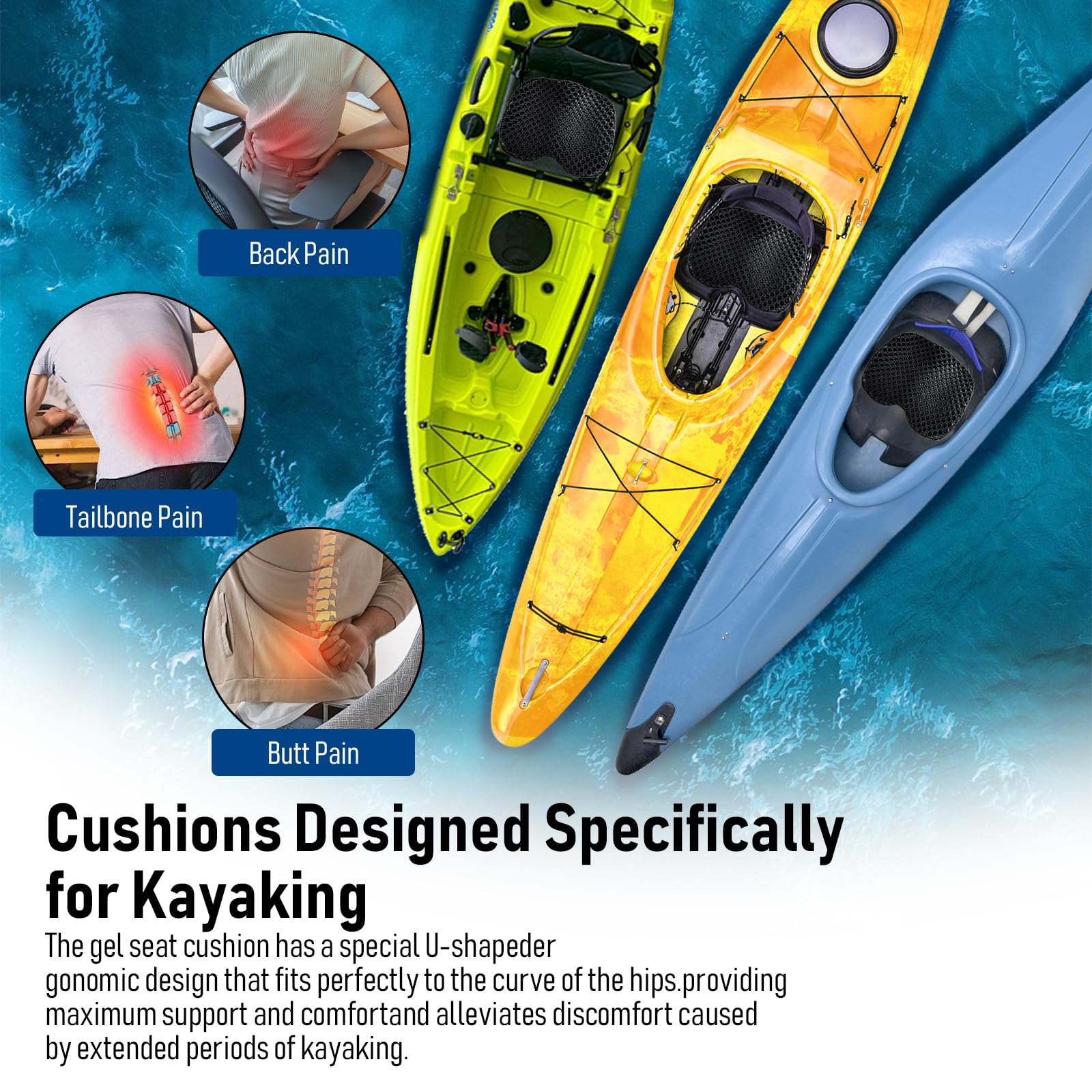 Premium Thickened Anti-Slip Waterproof Kayak Seat Cushion - Comfortable Gel Padding for Kayaking, Canoeing & Rowing - Perfect for Fishing, Stadium Seats & Inflatable Kayak Accessories - Portable & Durable Design for Outdoor Water Sports