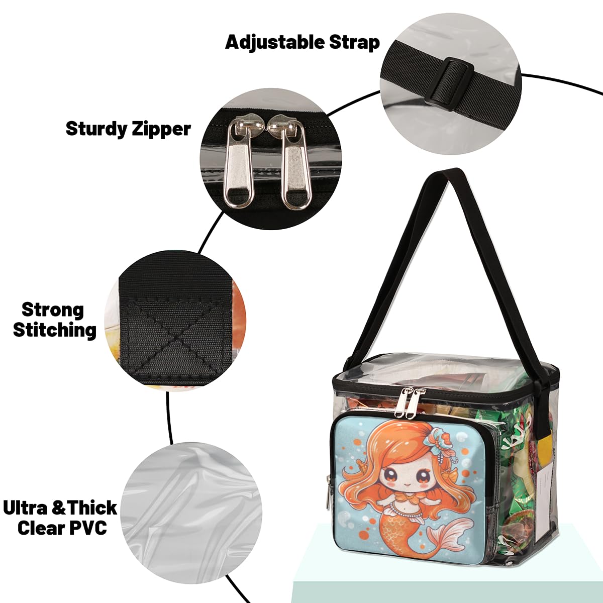 Cute Mermaid Clear Tote Bag with Handles - Transparent Crossbody Shoulder Bag for Women - Perfect for Beach, Travel, Picnic, Concerts & Sports Events (Stadium Approved) - Waterproof Lunch Bag for Outdoor Activities