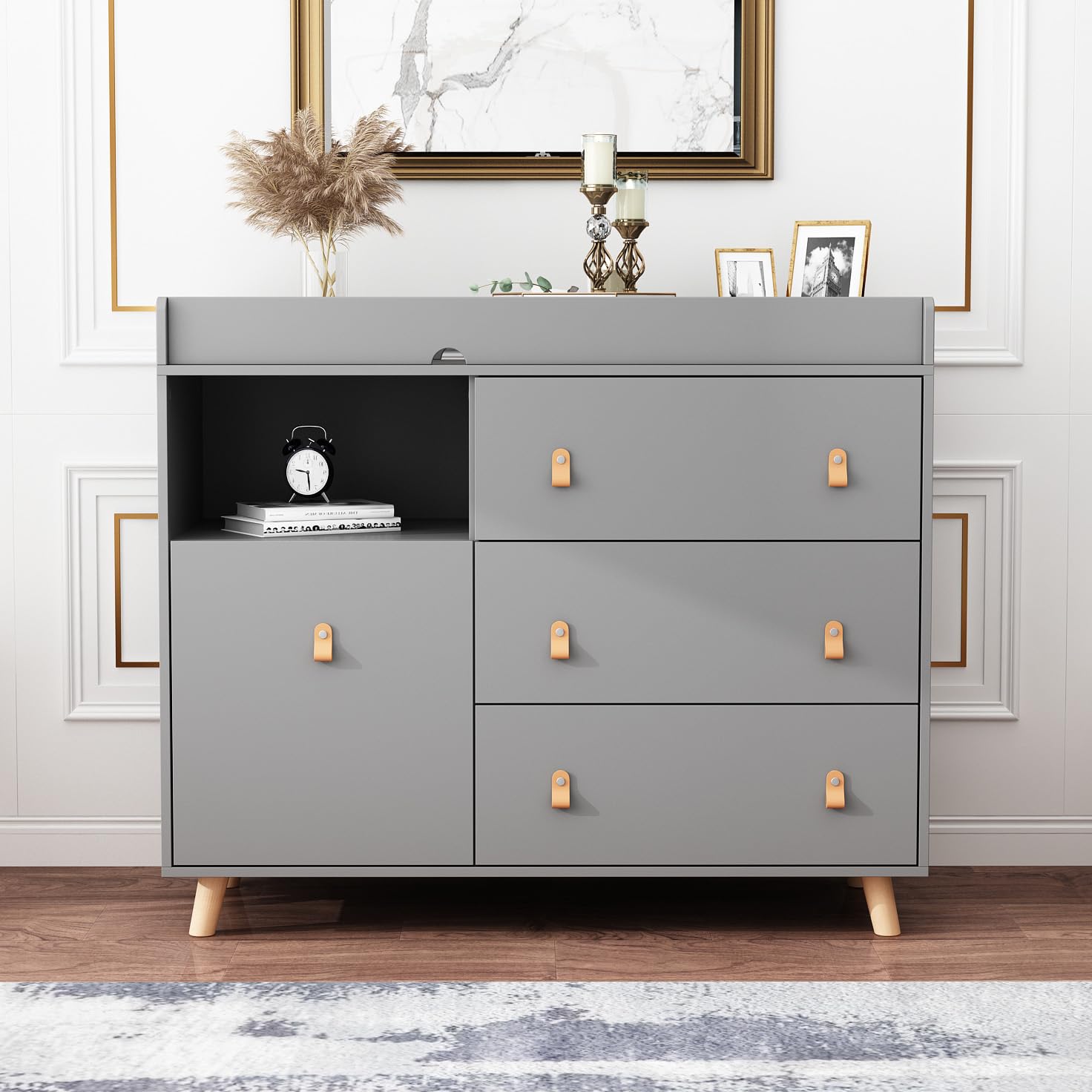 2-in-1 Baby Dresser Changing Table with Drawers & Hidden Laundry Basket - Nursery Storage Organizer for Diapers, Clothes & Baby Essentials - Perfect for Daycare, Bedroom & Nursery (Grey)