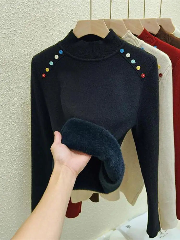 Women's Solid Color Velvet Button Sweater - Korean Fashion Warm Knitwear Long Sleeve Pullover Top for Autumn Winter | Cozy Thick Festival Wear for Holiday Parties & Casual Outings