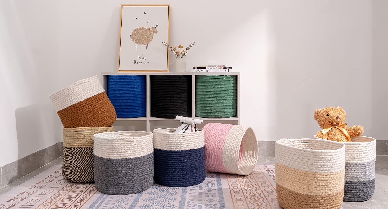 Voten Woven Cotton Rope Storage Cubes - Set of 3 (11x11x11 Inch) | Gray Tone Organizer Bins for Closet, Nursery & Home Decor | Space-Saving Basket for Toys, Blankets & Household Items