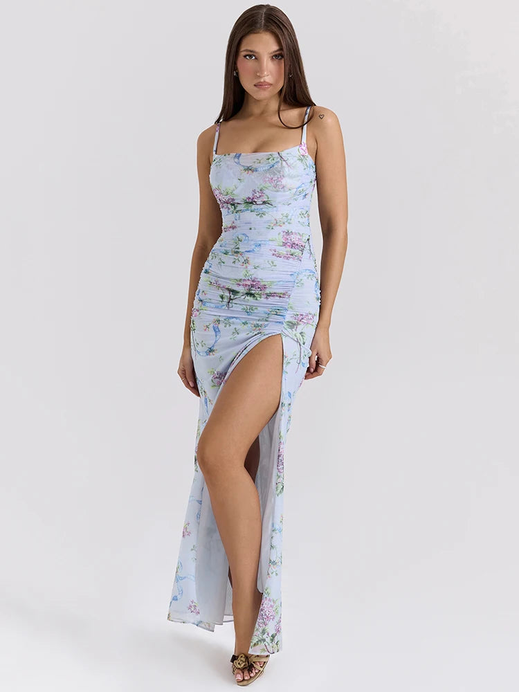 Blue Floral Print Mesh Maxi Dress for Women - Sleeveless Spaghetti Strap Backless Long Gown with Side Slit & Zipper | Perfect for Club Parties, Beach Vacations & Summer Evening Events