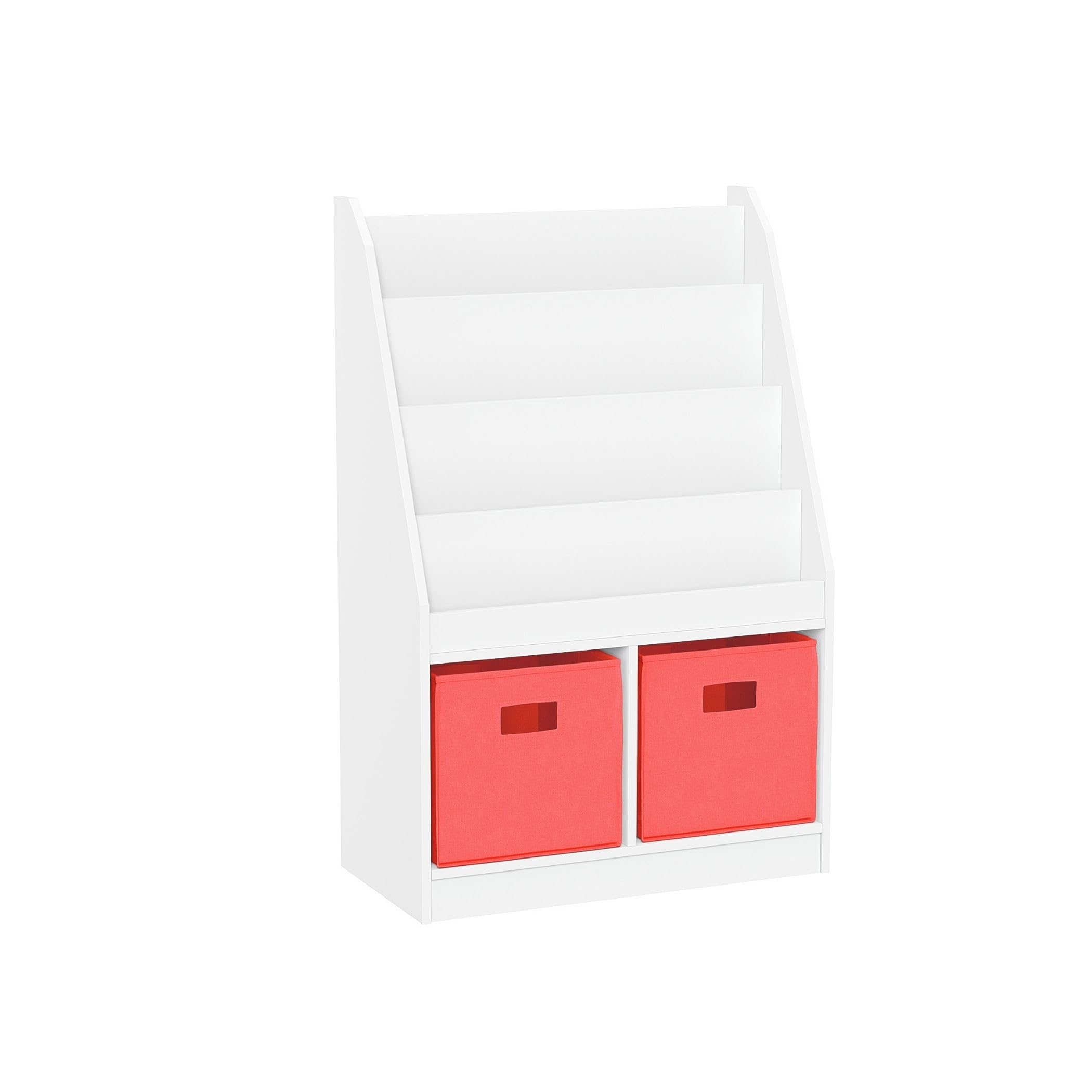 RiverRidge Kids Bookshelf and Toy Storage Organizer - 4-Tier Book Rack with 2 Cubbies & 2 Coral Bins - Space-Saving Nursery Bookshelf for Bedroom, Playroom or Classroom - Perfect for Organizing Children's Books, Toys and School Supplies