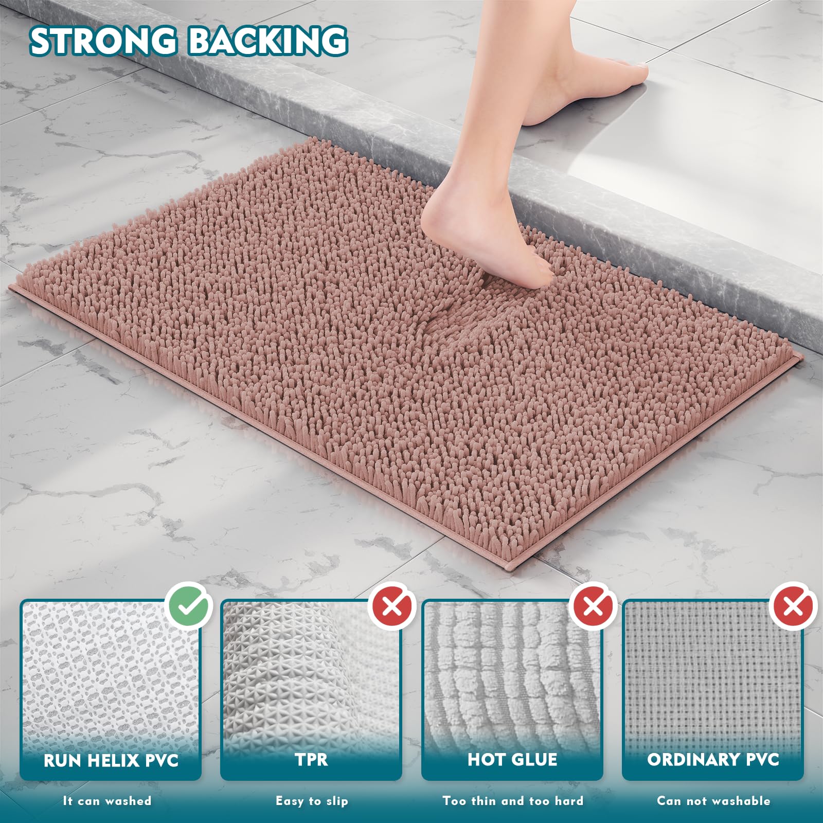 Premium Chenille Bath Mats Set of 3 - Ultra Soft Non-Slip & Super Absorbent Bathroom Rugs in Misty Rose - Plush Shaggy Bath Mat for Bathroom, Tub & Shower - Perfect for Cozy Bathrooms & Spa-Like Relaxation