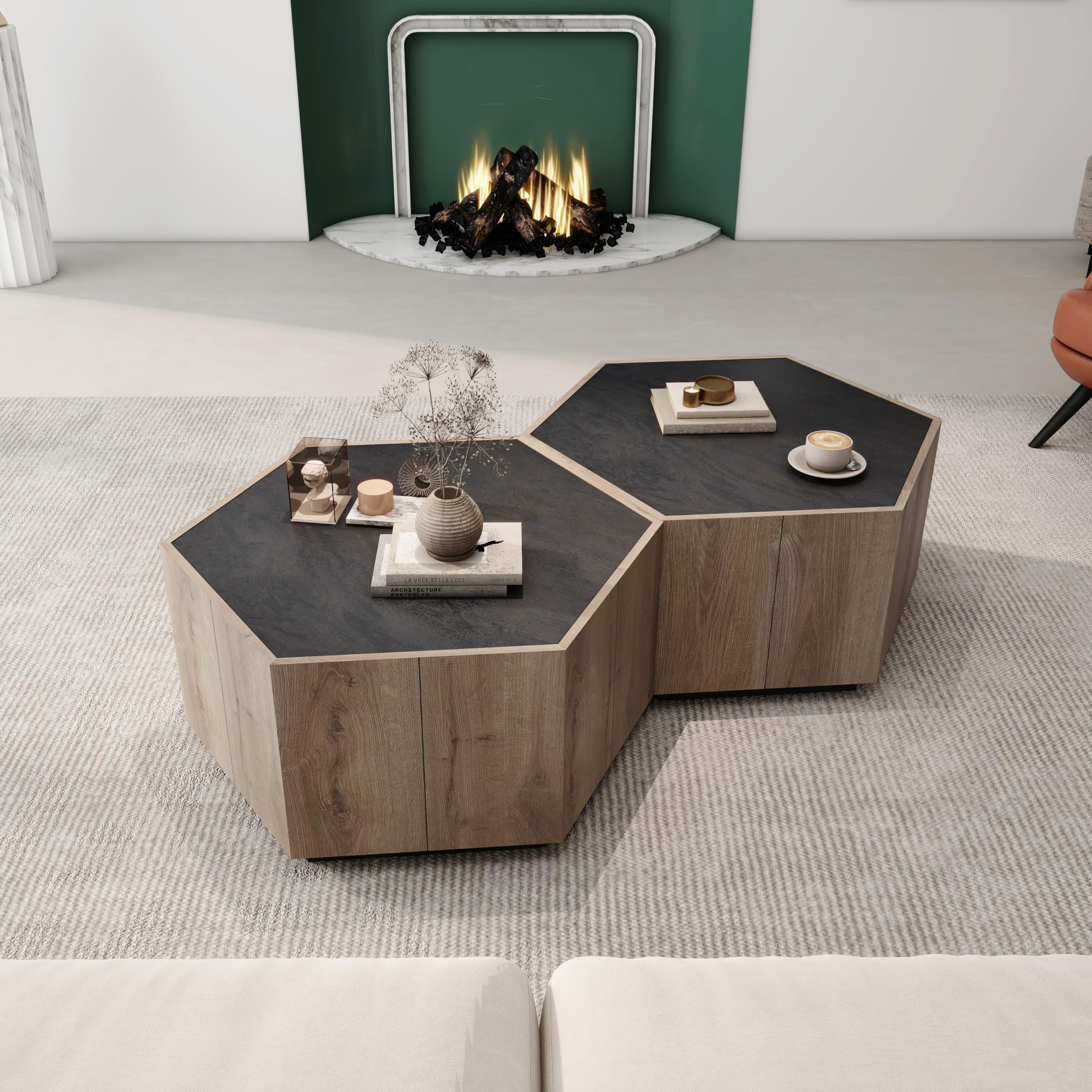 Hexagonal Nesting Coffee Table Set of 2 with Storage Drawers - Farmhouse & Industrial Style for Living Room Bedroom