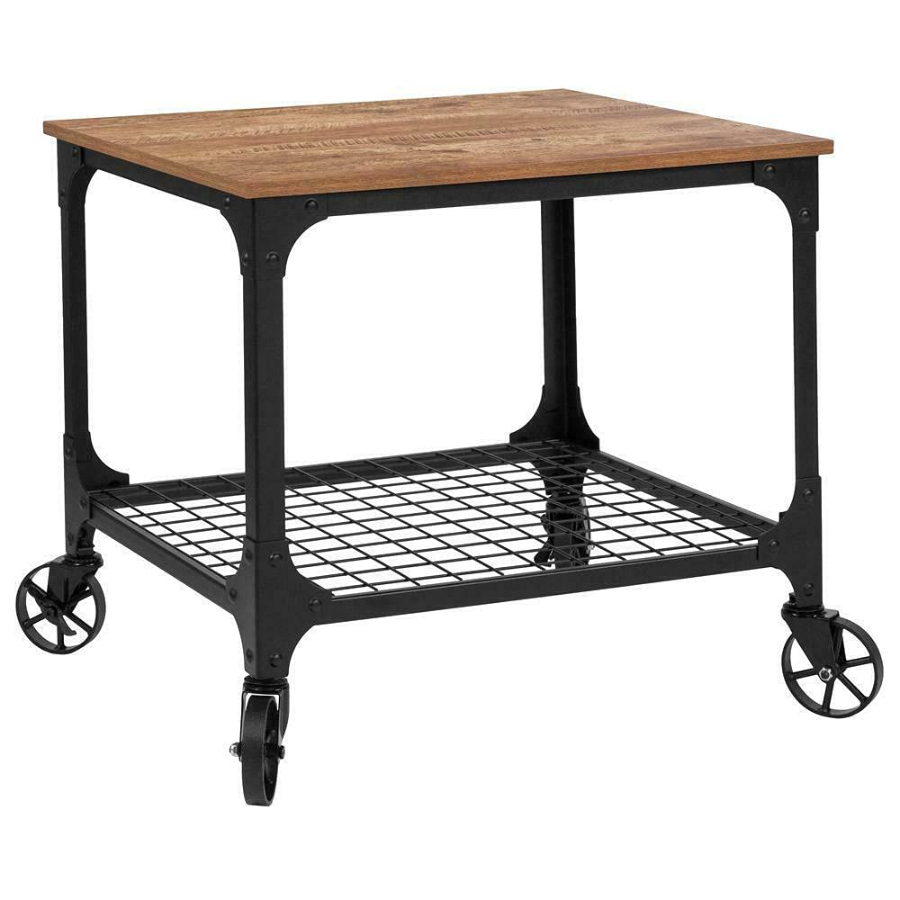 Industrial Rustic Wood Grain Kitchen Bar Cart with Wire Rack Bottom - Rolling Kitchen Storage Cabinet for Dining Room, Living Room & Home Decor