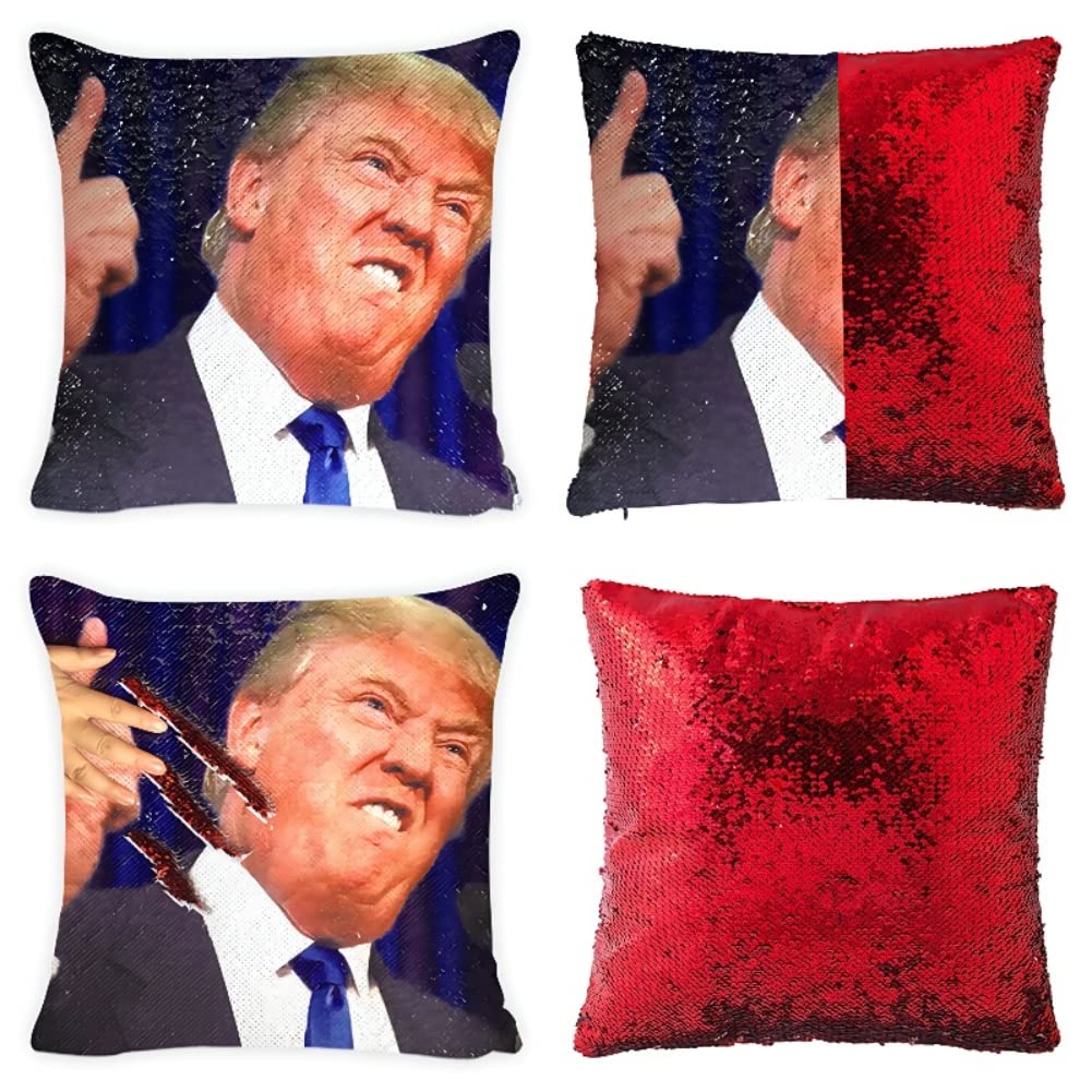 Donald Trump Sequin Pillow Cover 16x16 Inch - Funny Reversible Decorative Throw Cushion Case | Perfect for Gag Gifts, Home Decor & Political Satire