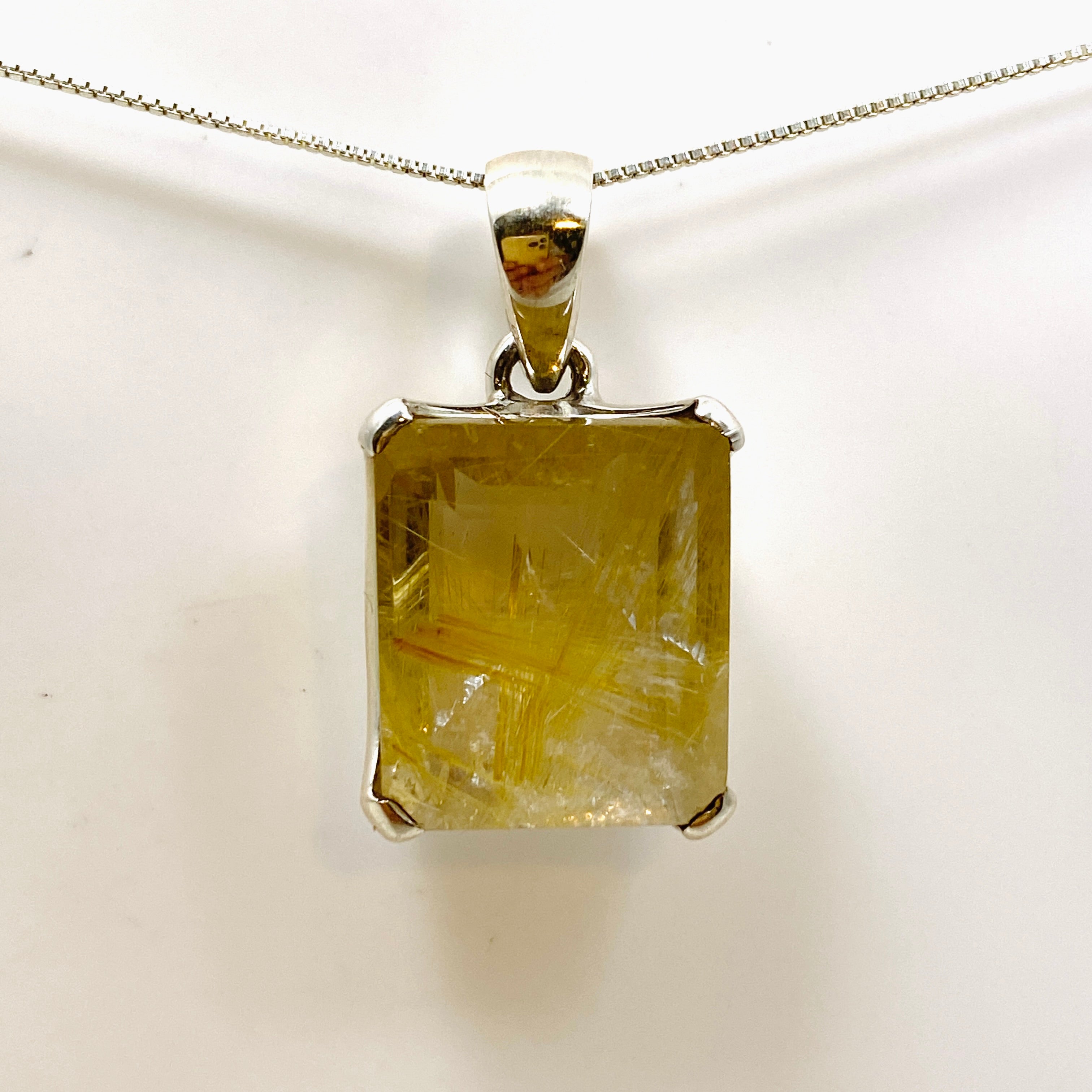 Golden Rutile Quartz Rectangular Faceted Pendant Necklace - Natural Gemstone Jewelry for Women - Perfect for Gifts, Meditation & Spiritual Healing