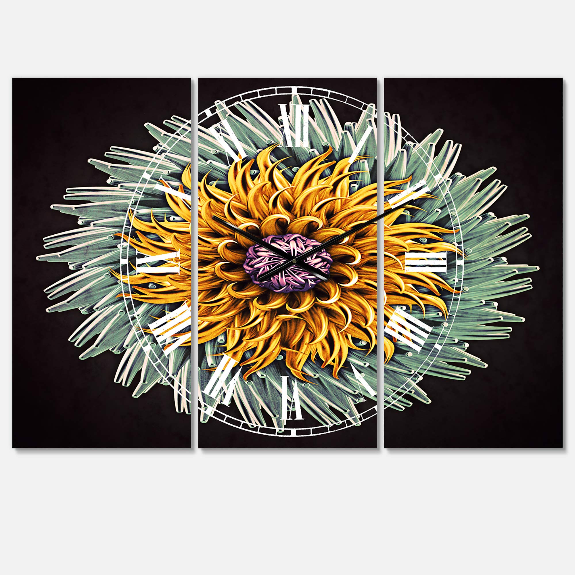 Designart Yellow Blue Abstract 3D Flower Metal Wall Clock - Traditional 3 Panel Wall Art for Home Decor, Living Room, Bedroom & Office | Perfect for Modern Interiors & Gift Giving