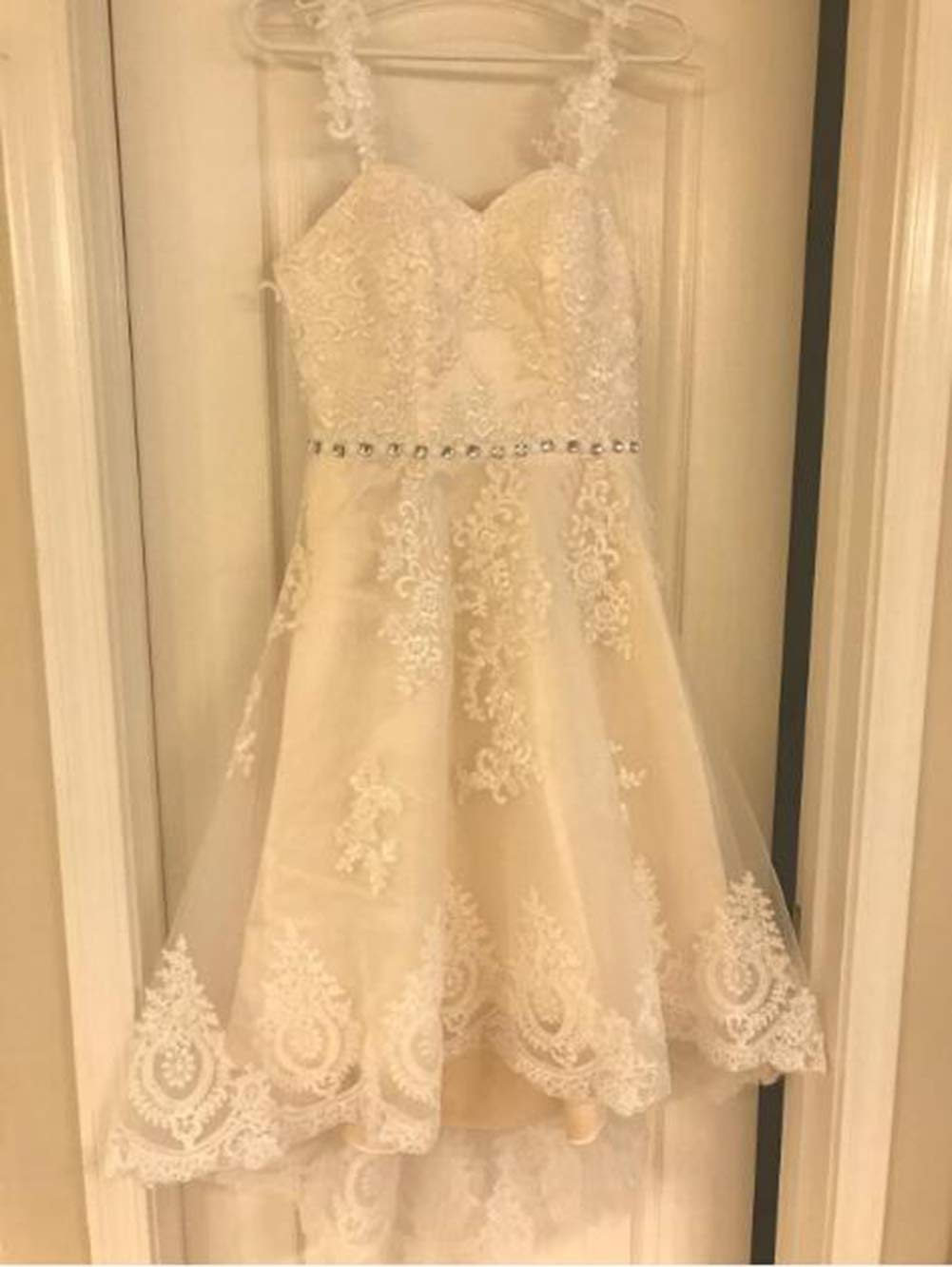 Elegant Detachable Lace Wedding Dress with Spaghetti Straps - High-Low Hem Bridal Gown for Beach, Garden & Outdoor Ceremonies | Tsbridal