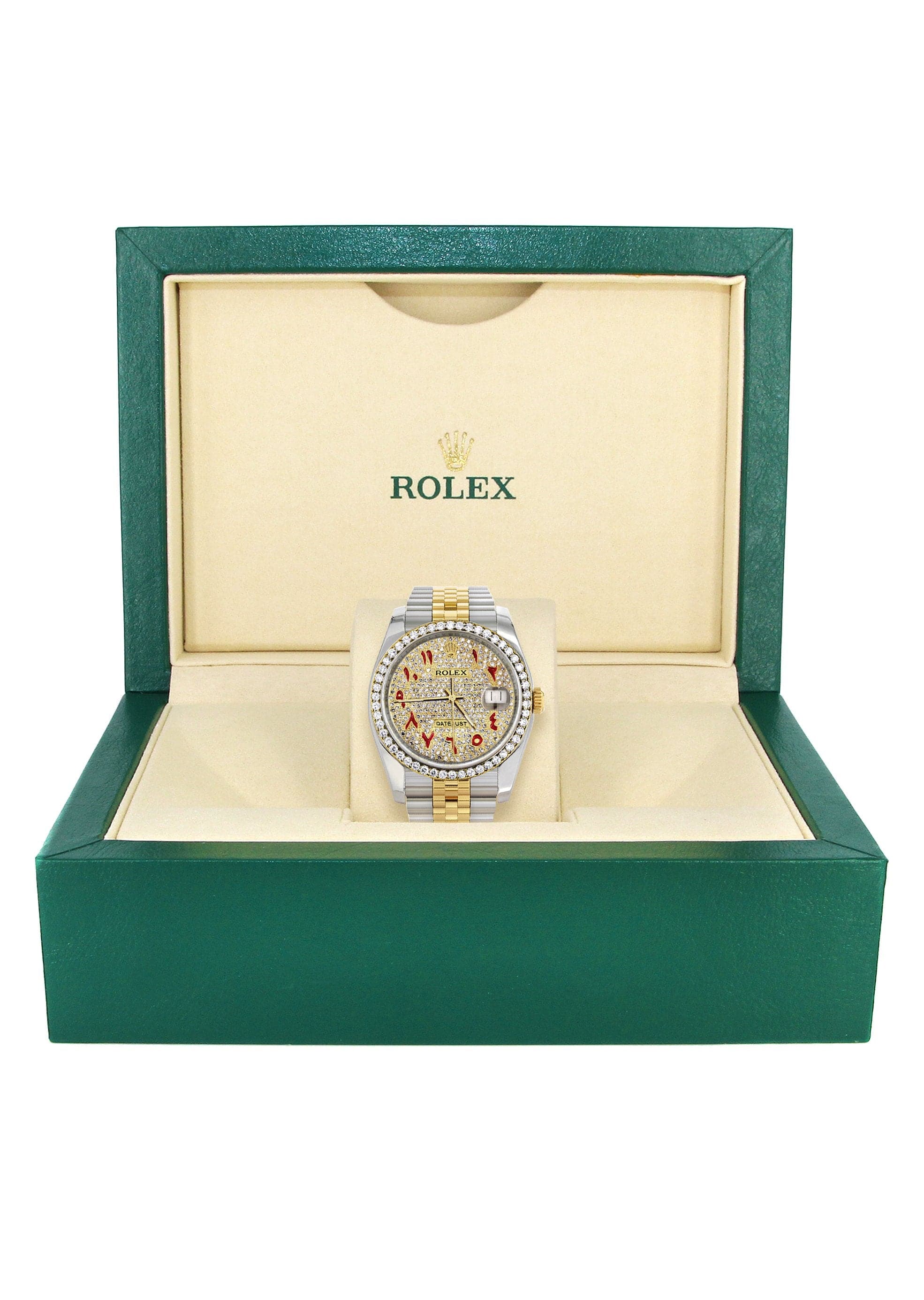 Rolex Datejust 36mm Men's Watch - 18K Gold & Diamond Bezel, Custom Red Arabic Dial, Jubilee Bracelet | Luxury Timepiece for Gifts, Weddings & Special Occasions