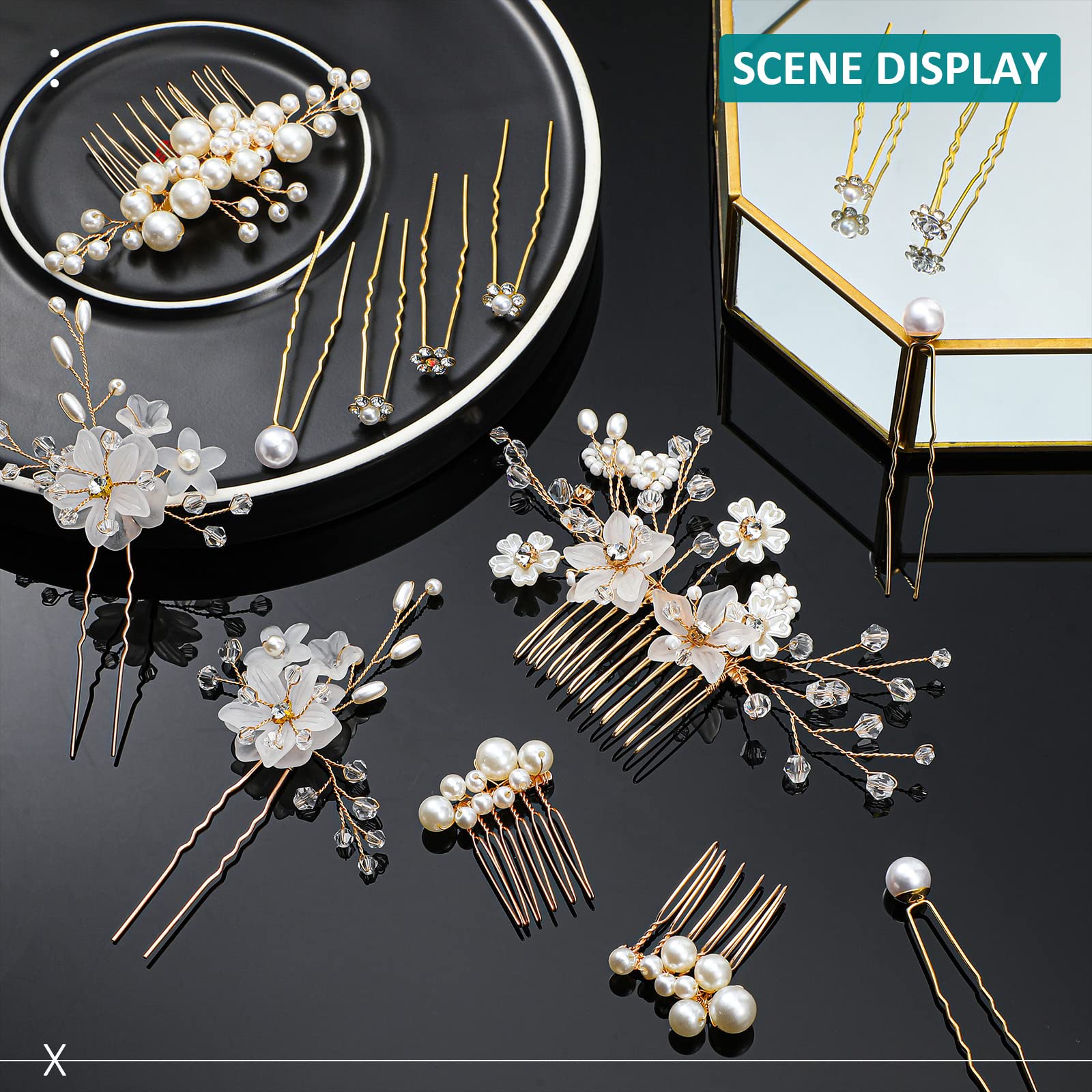 40Pcs Gold & White Floral Hair Clips for Brides - U-Shaped Pearl Crystal Rhinestone Pins, Rose Glitter Headpieces for Women & Girls - Perfect for Weddings, Prom, Parties & Special Occasions