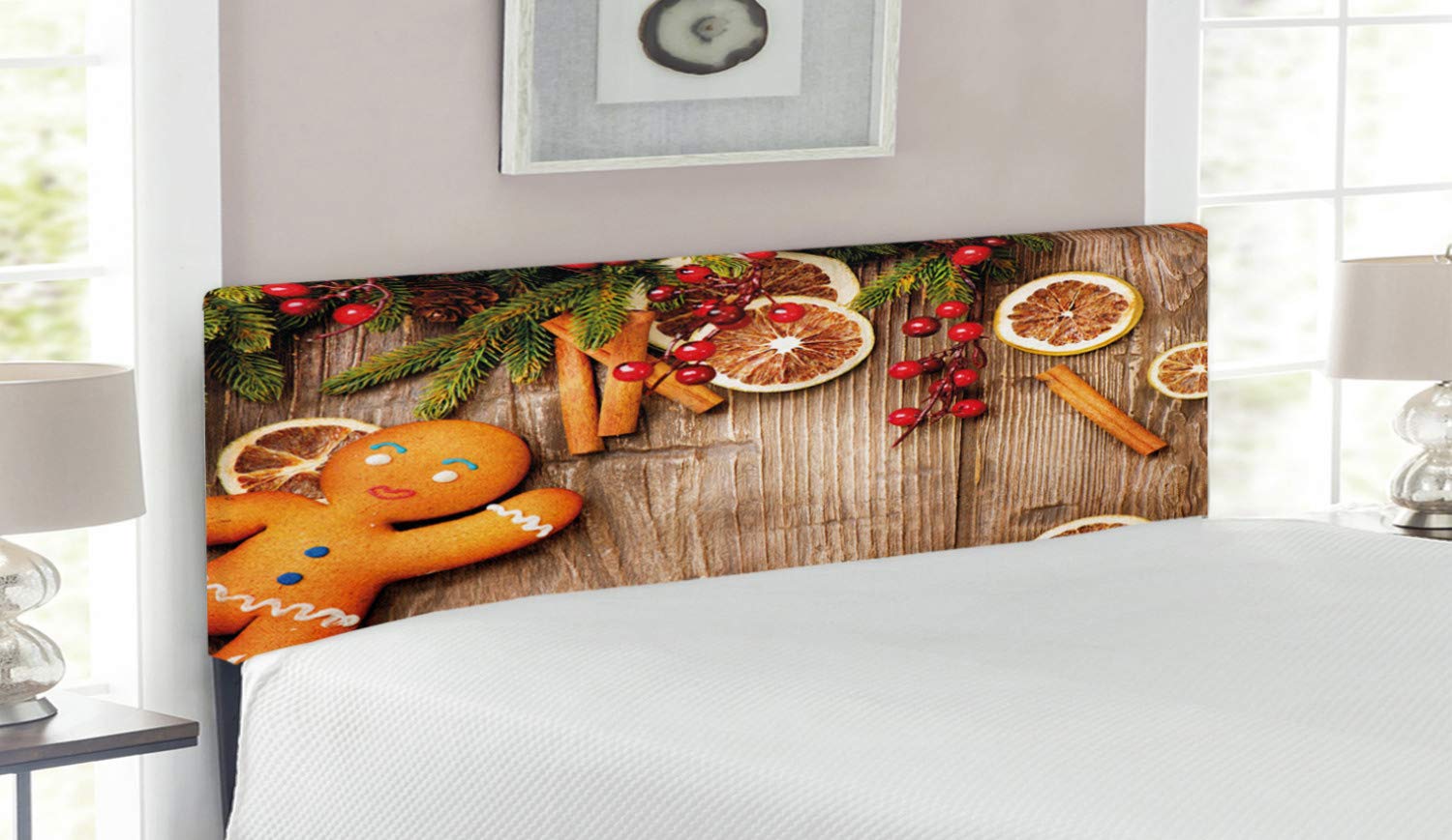 Ambesonne Gingerbread Man Headboard - Rustic Upholstered Metal Bed Headboard with Memory Foam, Queen Size in Brown Orange Red | Christmas Bedroom Decor, Holiday Guest Room Accent