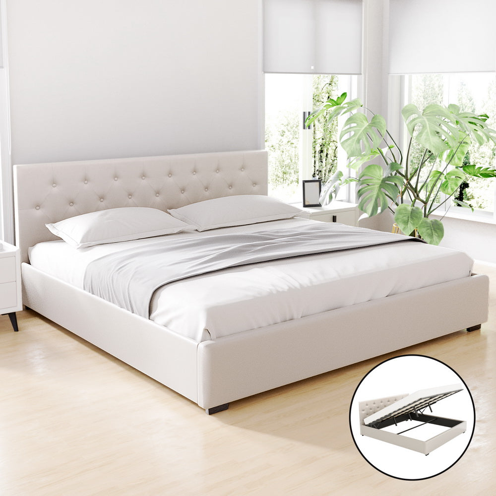 King Size Dorilla Gas Lift Storage Bed Frame with Bonita Pillow Top Mattress - Medium Firm Beige Upholstered Platform Bed | Perfect for Small Spaces, Guest Rooms & Modern Bedrooms