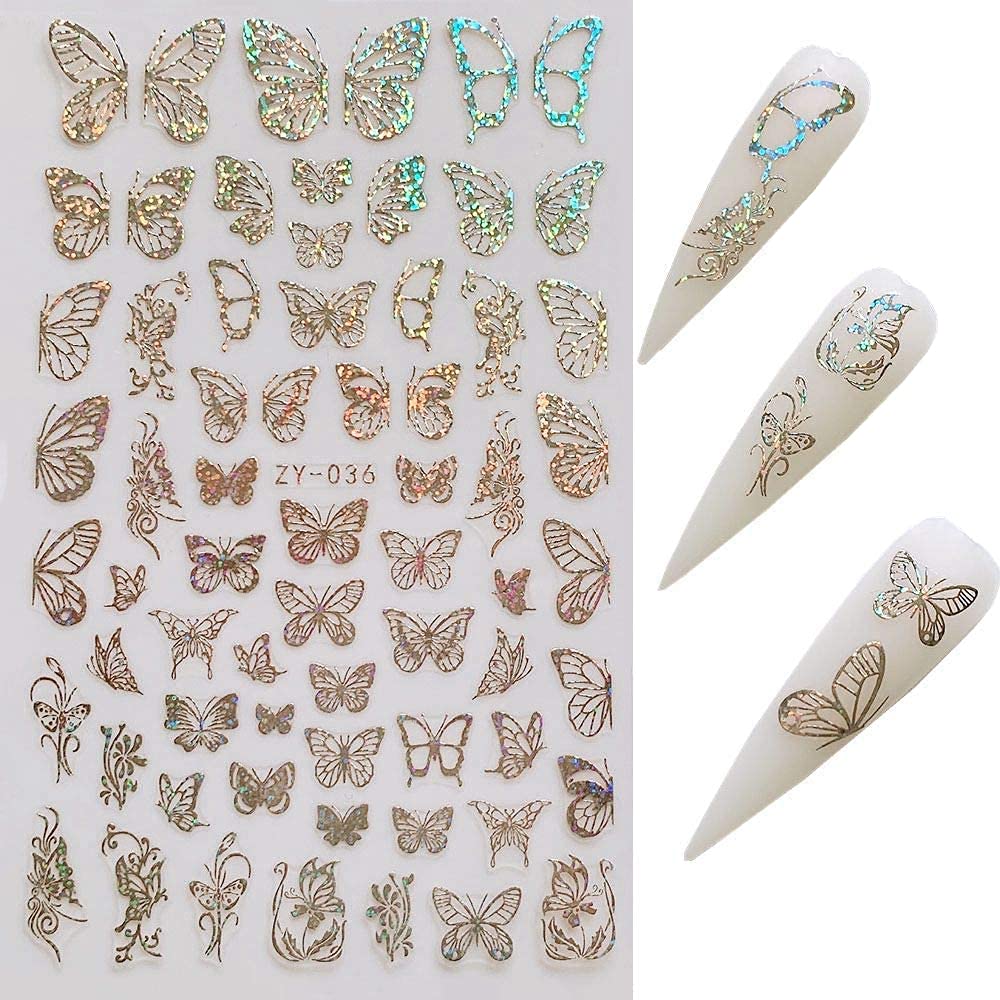 3D Luxury Butterfly Nail Art Stickers - Gold Laser Design Nail Decals for Acrylic Nails (8 Sheets) | DIY Manicure, Nail Salon Supplies, Party & Wedding Nail Art Accessories