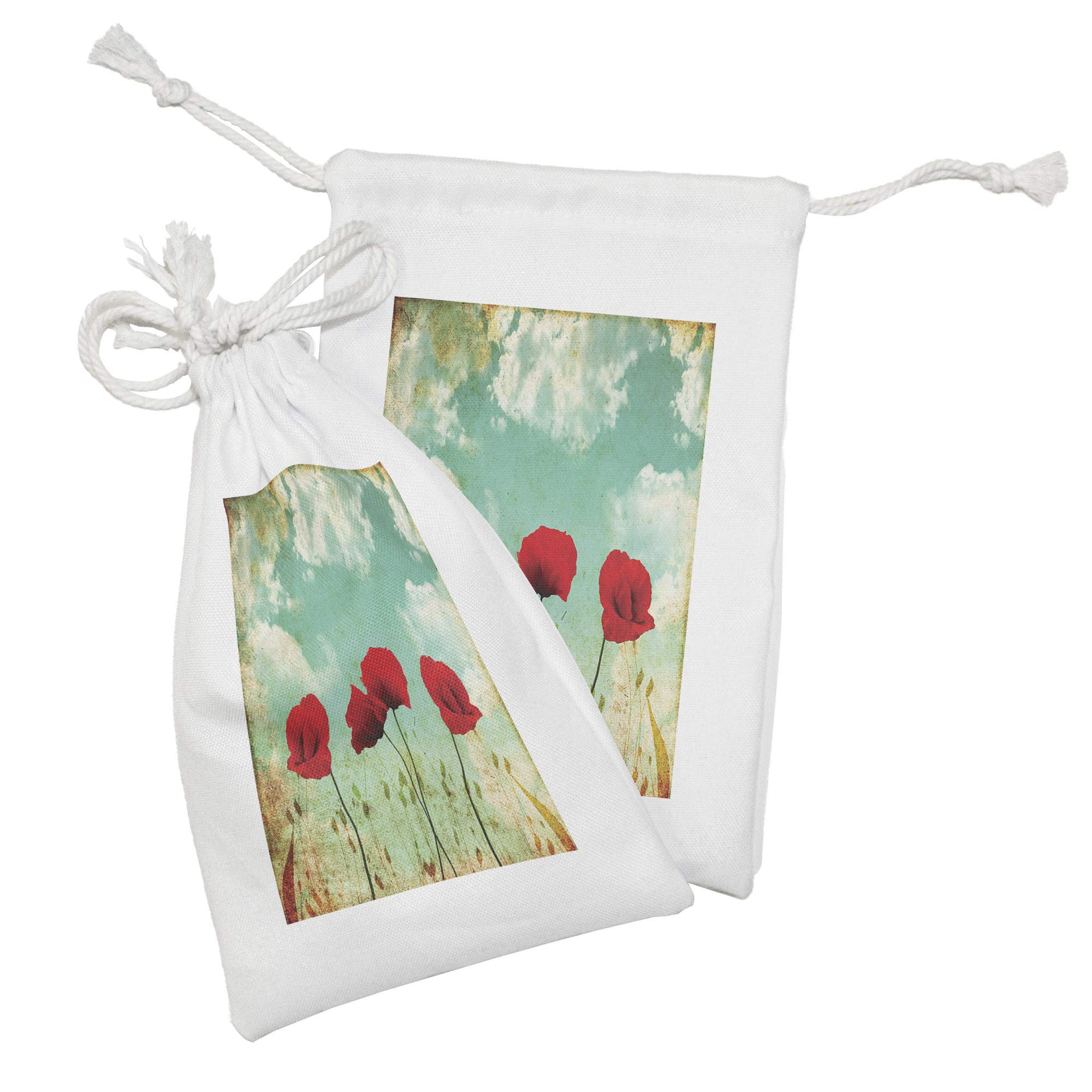 Ambesonne 2-Pack Poppies Fabric Drawstring Pouch Set - Meadow Floral Design for Toiletries, Masks & Favors (9