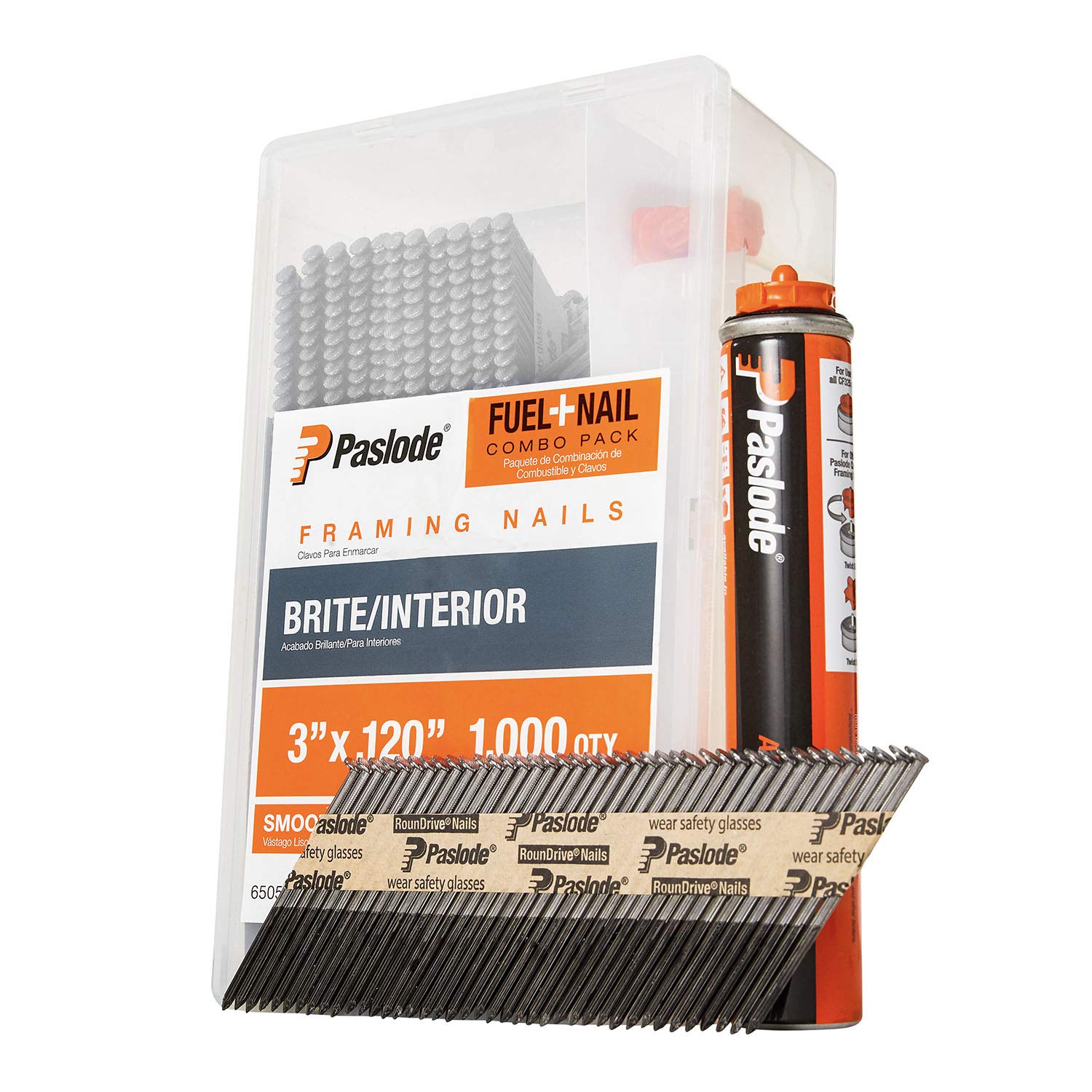 Paslode 3 Inch x .120 Gauge Smooth Brite Framing Nails with Fuel Cell - 1,000 Nails & 1 Fuel Pack (650524) for Wood Framing, Roofing, and Construction Projects