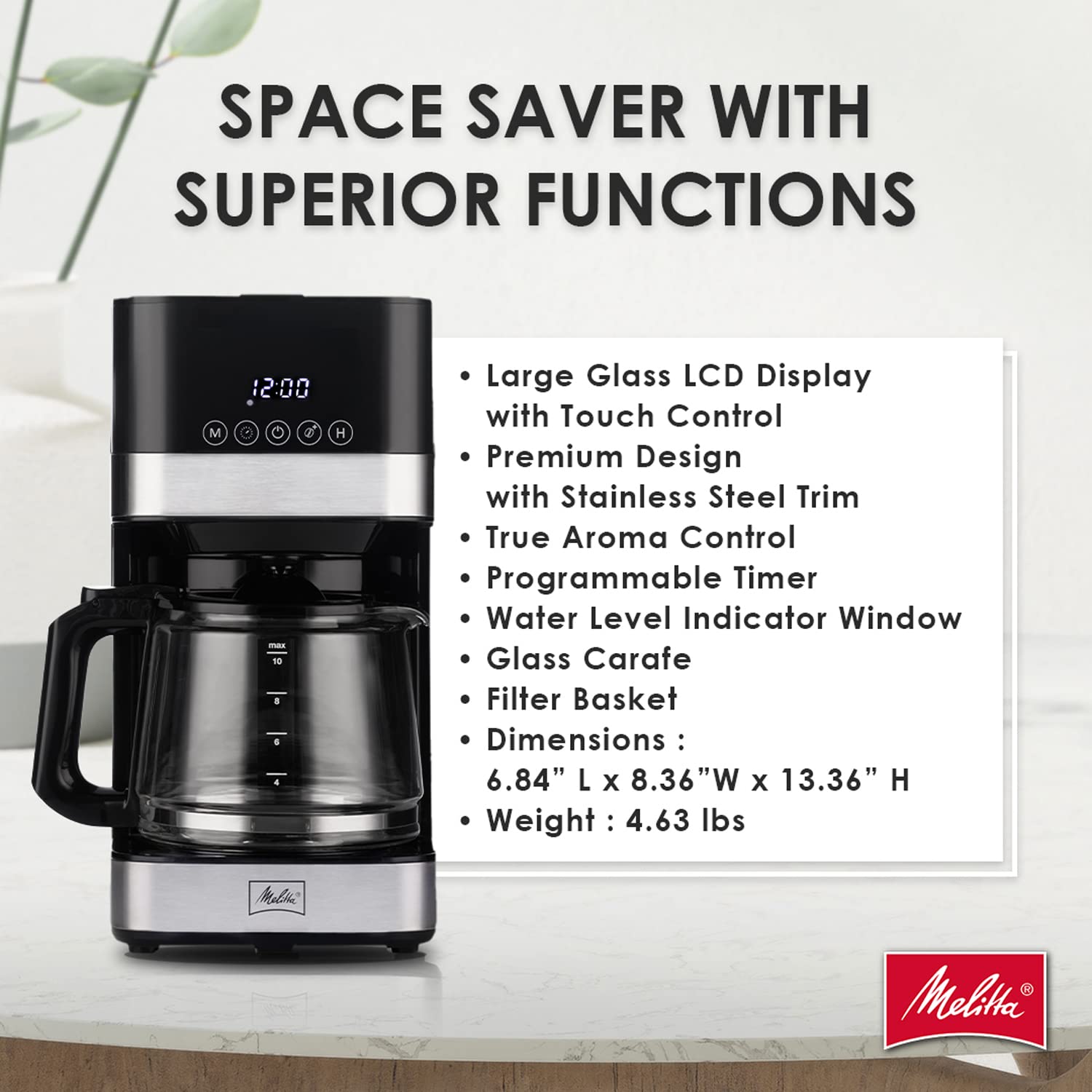 Melitta Aroma Tocco Programmable 10-Cup Glass Drip Coffee Maker with Touch Control Panel & Stainless Steel Accents - Perfect for Home, Office, and Entertaining Guests
