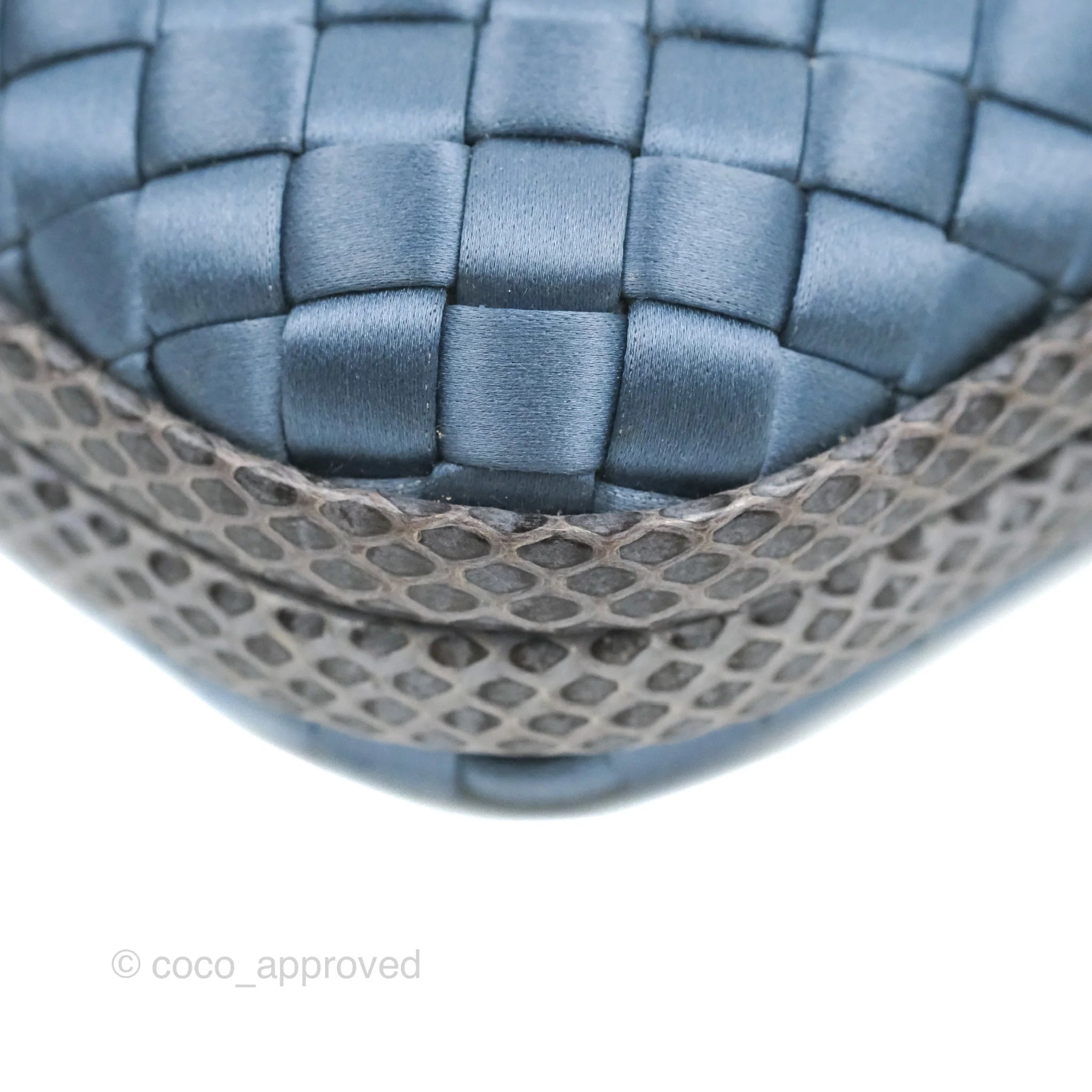 Bottega Veneta Ayers Satin Intreccio Stretch Knot Clutch Bag in Navy Blue | Luxury Evening Clutch for Women | Perfect for Parties, Weddings & Special Occasions