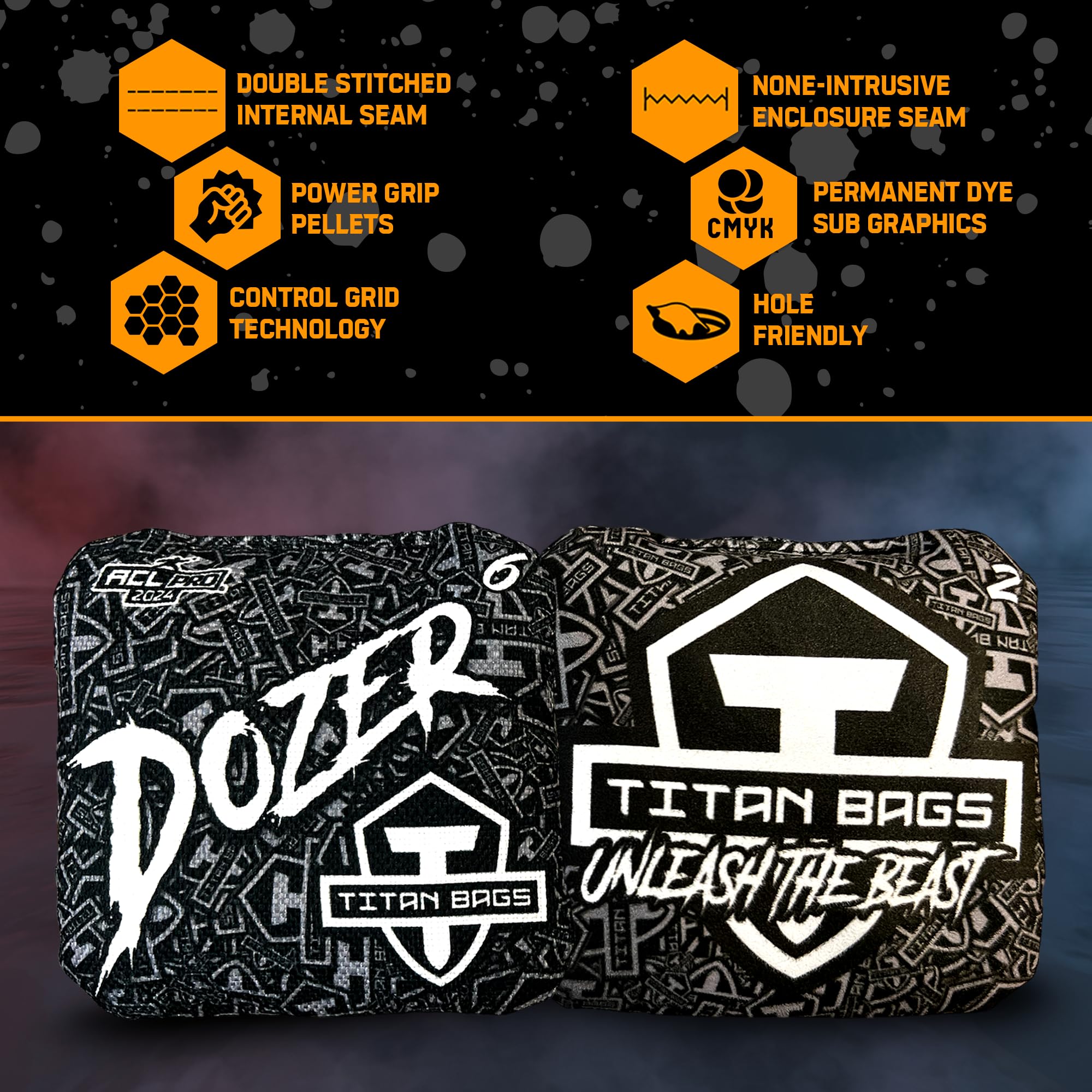 ACL PRO Approved Titan Bags Dozer Cornhole Bags - 6x6 Inch Professional Tournament Bean Bags for Indoor & Outdoor Cornhole Games - Durable, Weather-Resistant Toss Bags for Backyard Parties, Tailgating & Competitive Play (Set of 4)