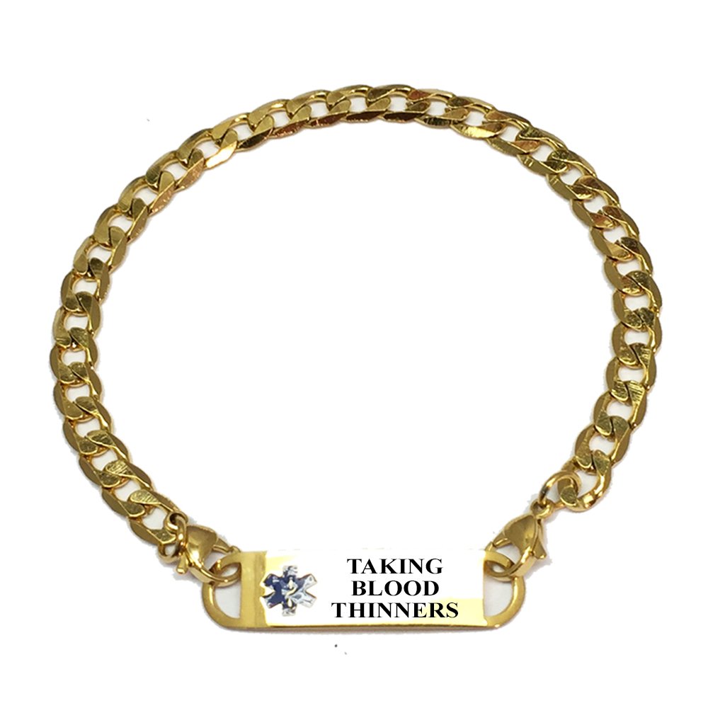 Pre-Engraved Gold Plated Curb Link 'Taking Blood Thinner' Medical Alert Bracelet for Women - Stylish Safety Jewelry for Daily Wear & Emergency Identification