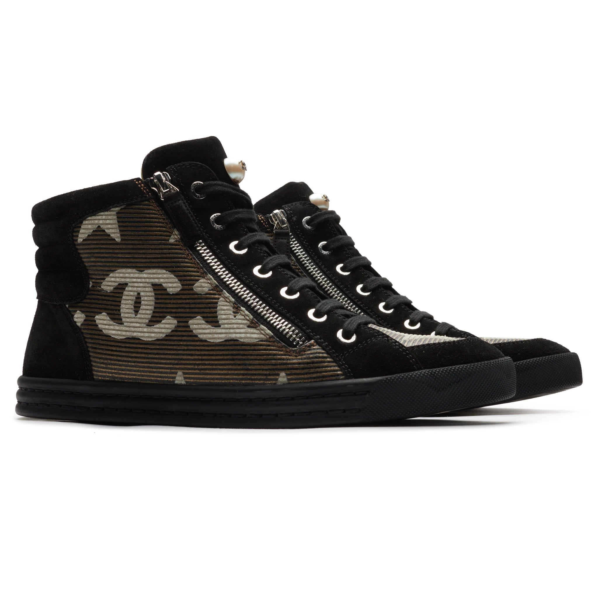 Chanel CC Star Suede Mesh Black High Top Sneakers - Authentic Pre-Owned Luxury Shoes for Women | Perfect for Casual Outfits, Street Style & Fashion Events