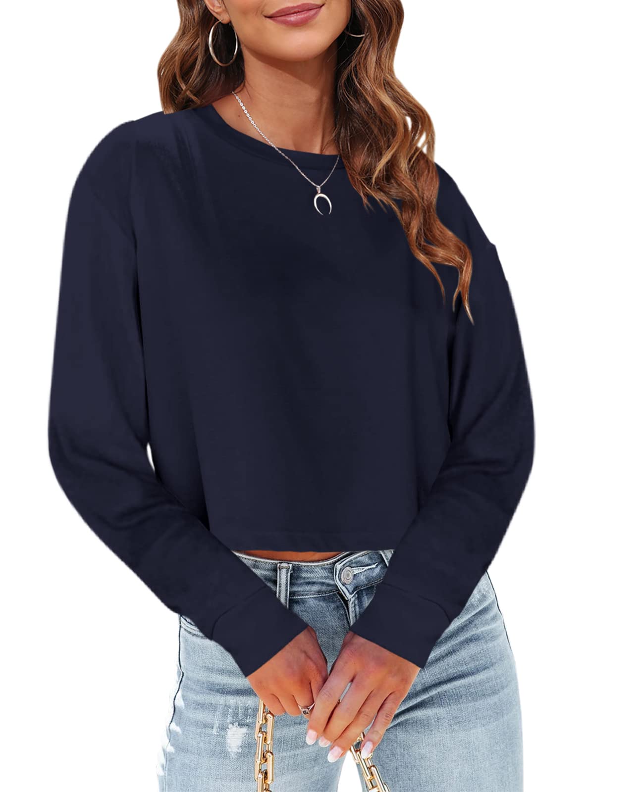 Tankaneo Women's Long Sleeve Crop Top - Loose Fit Cropped T-Shirt 2025 | Crew Neck Casual Shirt for Women | Perfect for Layering, Streetwear & Everyday Outfits