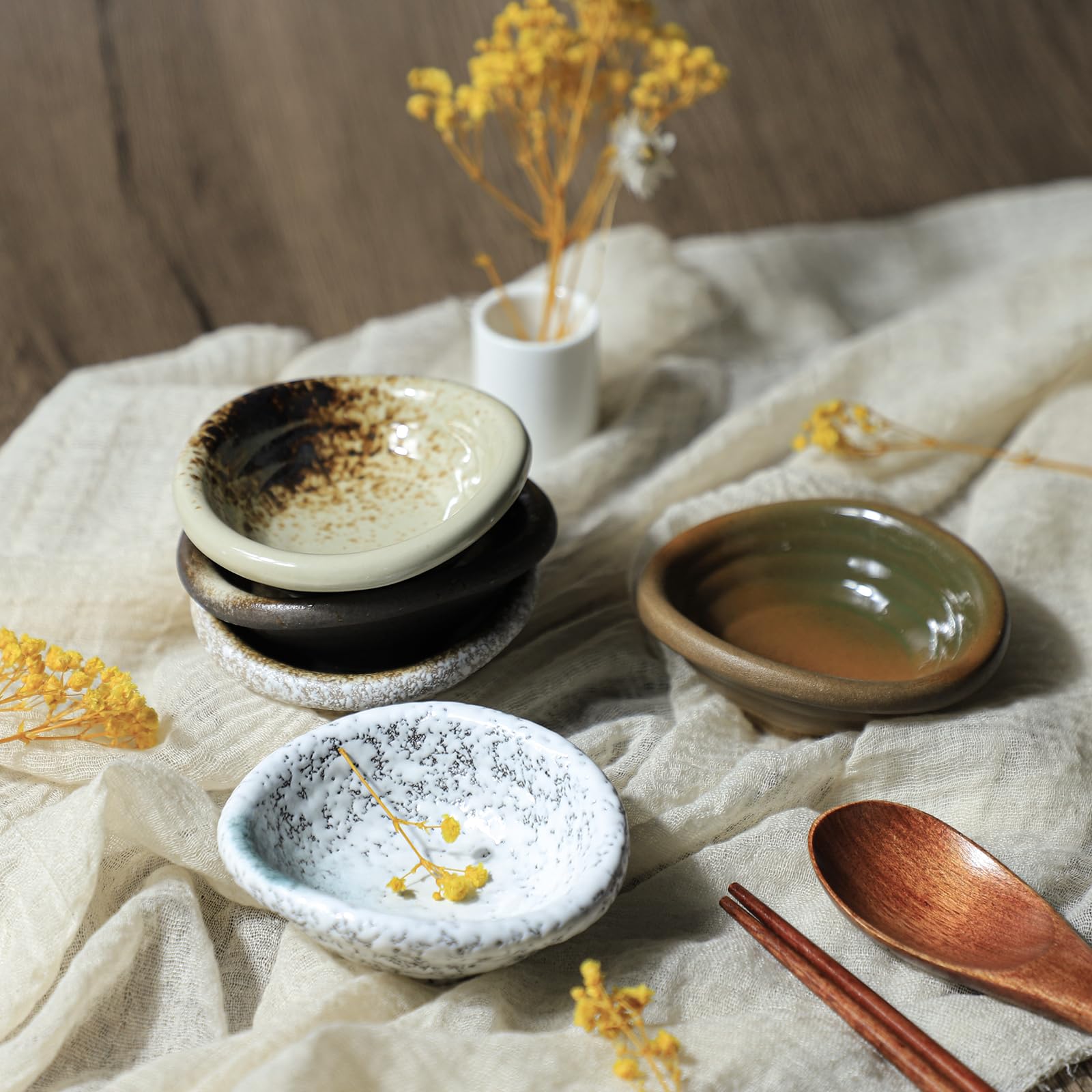 3.5 Inch Retro Brown Porcelain Side Dish Bowls - Set of 5 Small Serving Bowls for Soy Sauce, Seasonings, Dips & Appetizers - Elegant Dining & Party Tableware