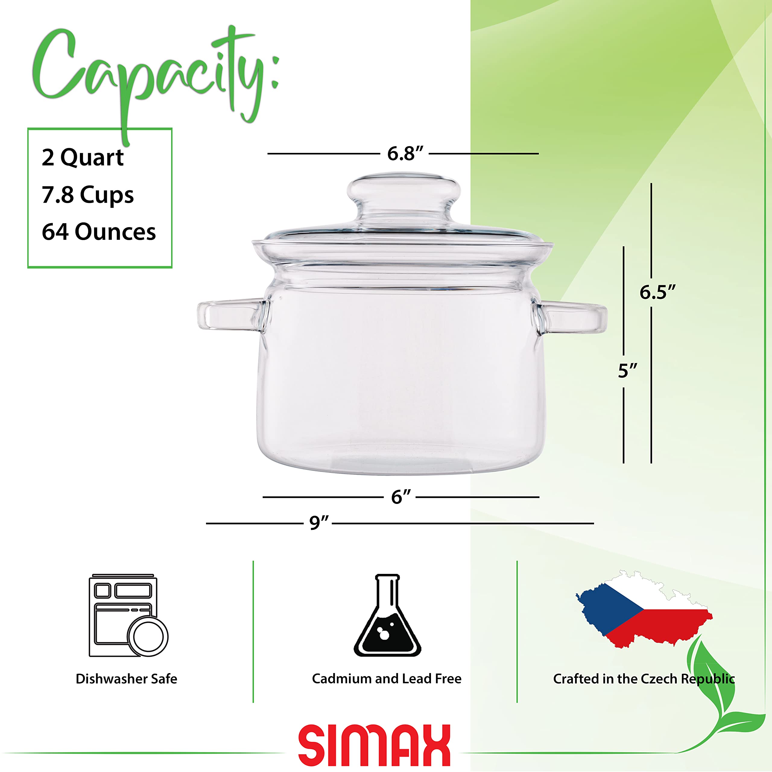 Simax 64oz Borosilicate Glass Simmer Pot for Stove - Clear Glass Cookware with Easy-Grip Handles for Potpourri, Soups & Cooking - Oven, Microwave, Stove & Dishwasher Safe - Perfect for Aromatherapy, Holiday Simmering & Slow Cooking