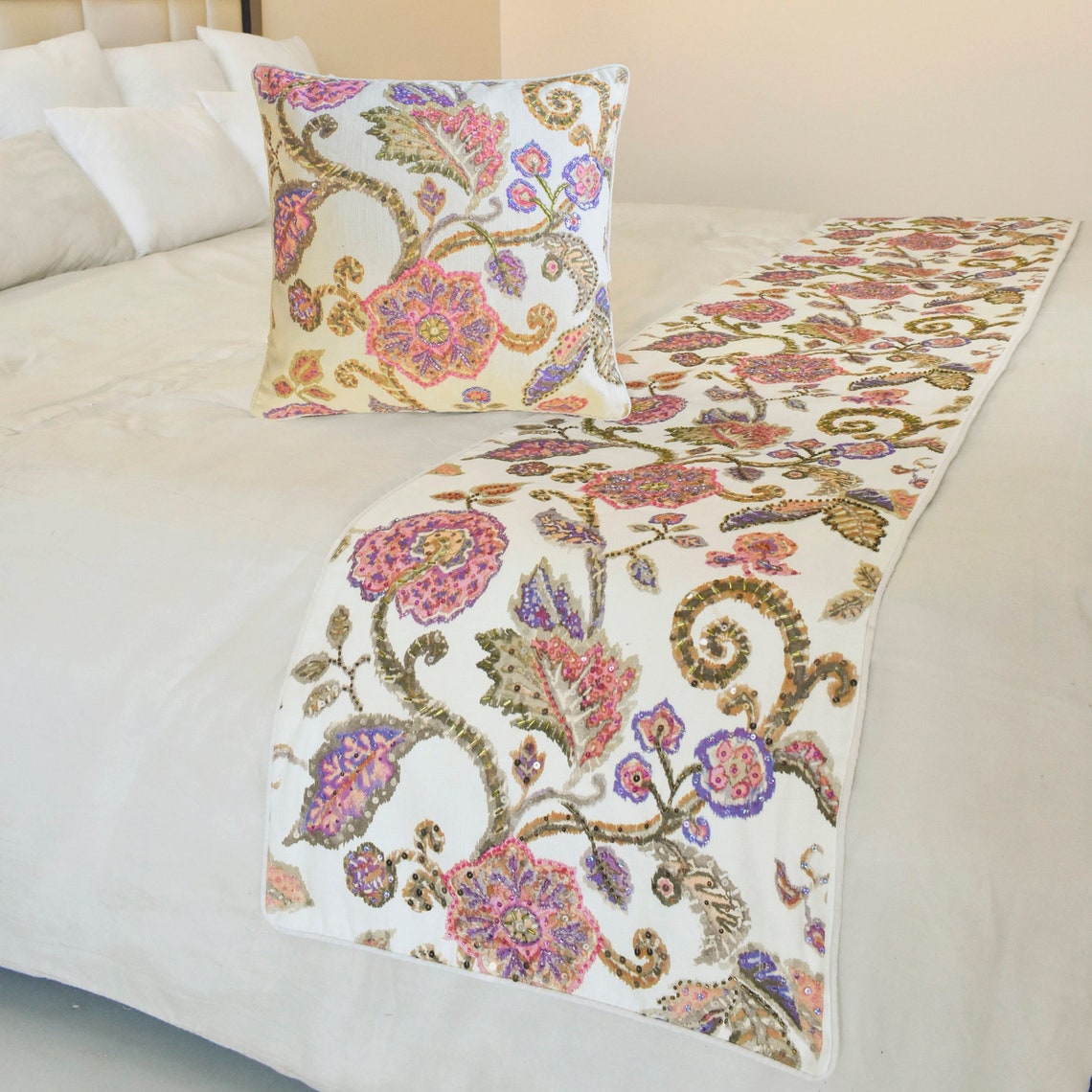 Elegant Cotton White & Pink Bed Runner and Pillow Cover Set - Perfect for Master Bedroom Decor, Wedding Accents & Boho Home Styling