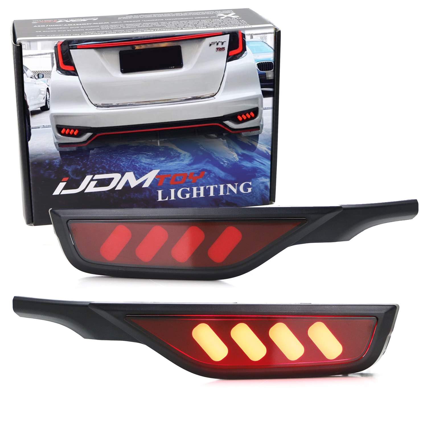 iJDMTOY Red LED Bumper Reflector Lights for 2018-2020 Honda Fit - Tail Lights, Strobe Brake Lights, Sequential Turn Signals & Rear Fog Lamps - Upgrade Your Car's Rear Lighting for Enhanced Safety and Style