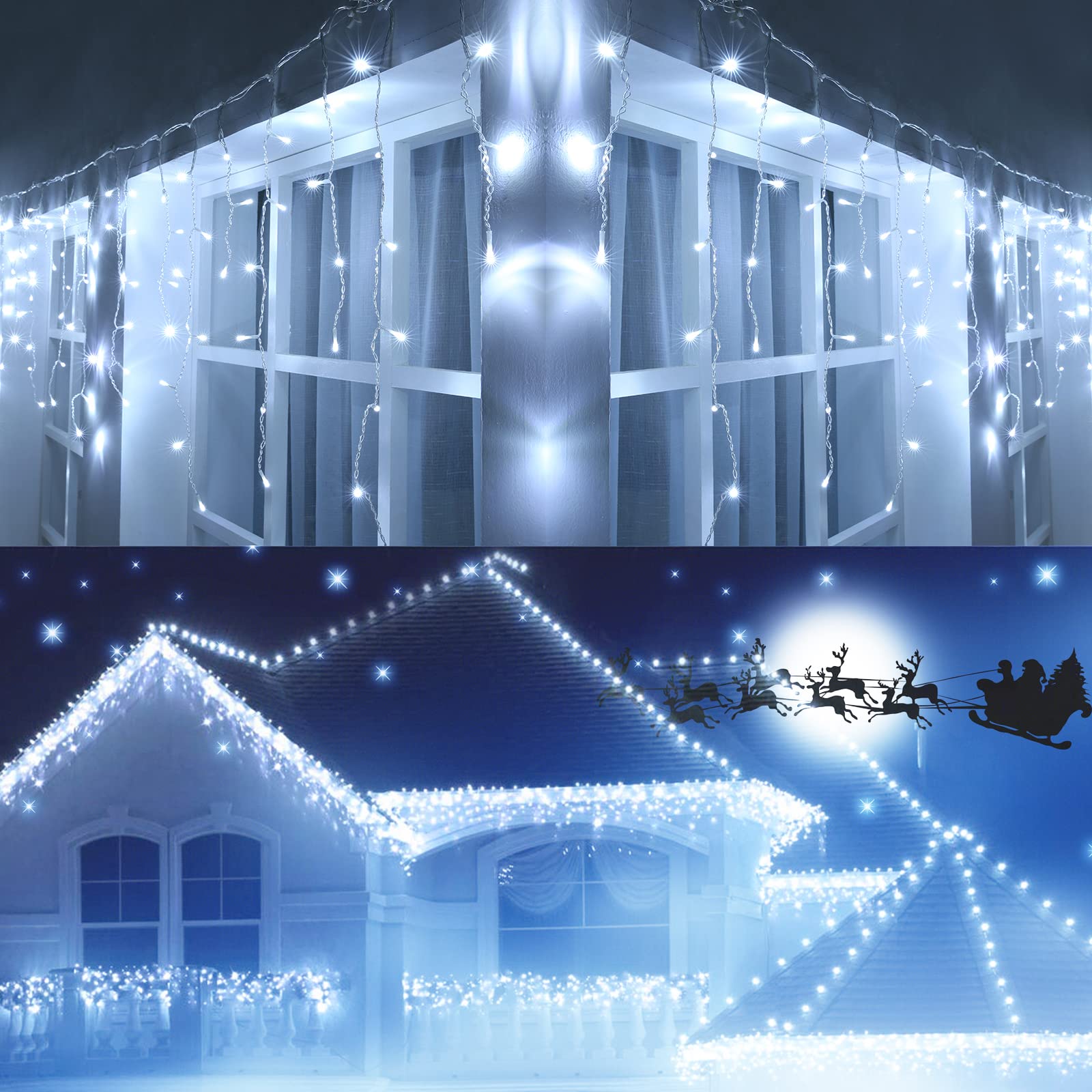 Joomer 300 LED 29ft Christmas Icicle Lights with Timer - 8 Lighting Modes, 60 Drops, Waterproof & Connectable Outdoor String Lights for Holiday Decorations, Wedding, Party (White) - Perfect for Roofline, Trees, and Indoor Christmas Decor