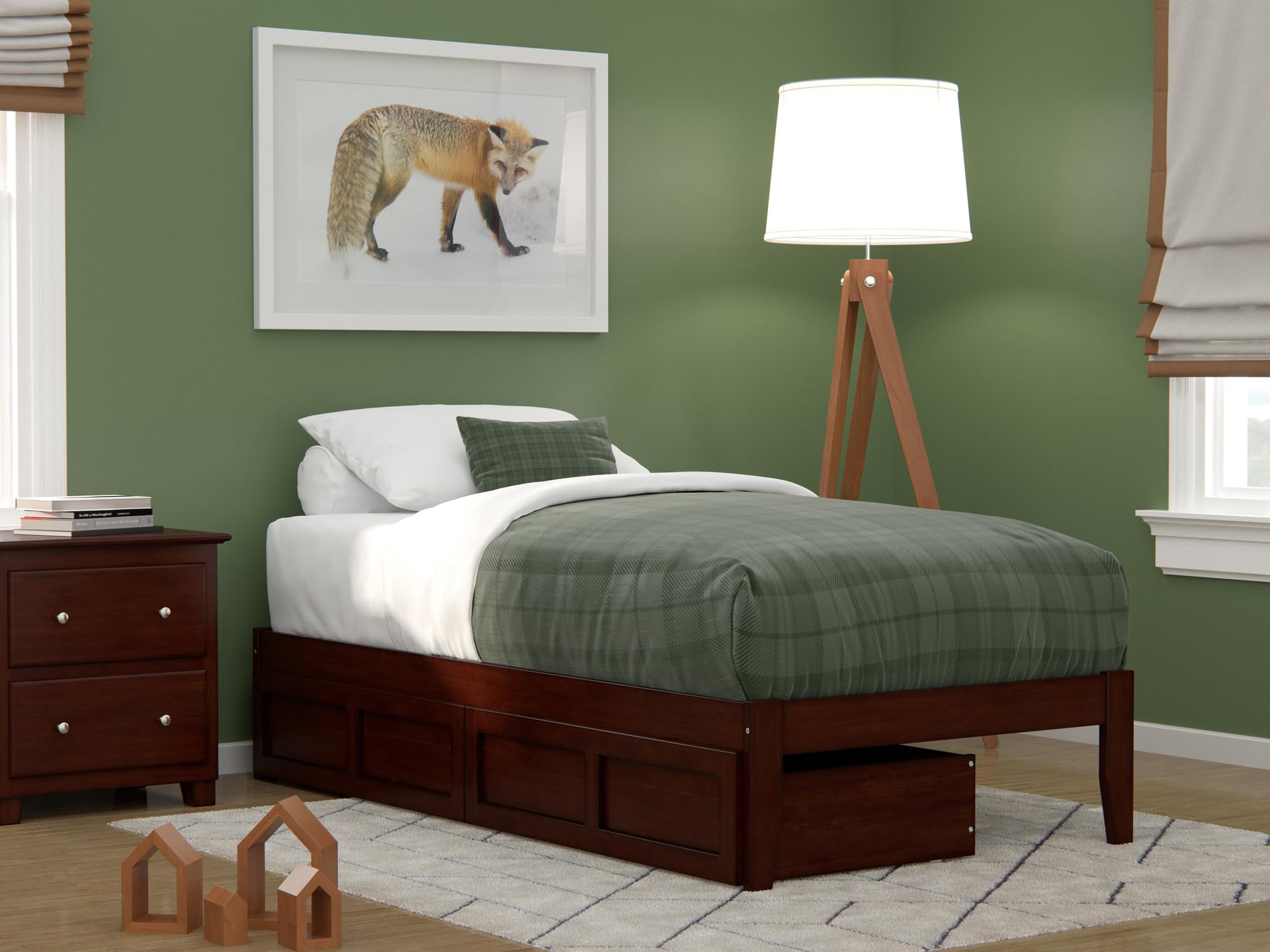 AFI Colorado Twin Platform Bed with 2 Storage Drawers & USB Charger - Solid Walnut Wood Frame - Space-Saving Storage Bed for Small Bedrooms, Kids Rooms & Dorm Rooms