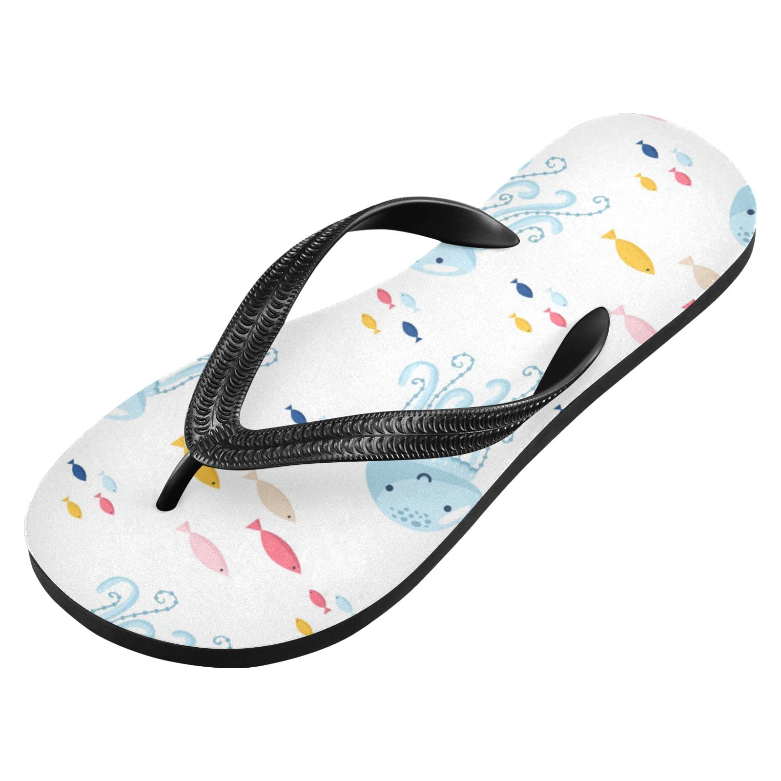 Non-Slip Flip Flop Sandals for Women & Men - Fish & Teal Jellyfish Pattern Beach Slippers | Comfortable Rubber Summer Sandals with Straps for Travel, Swimming, Pool Party & Shower Use