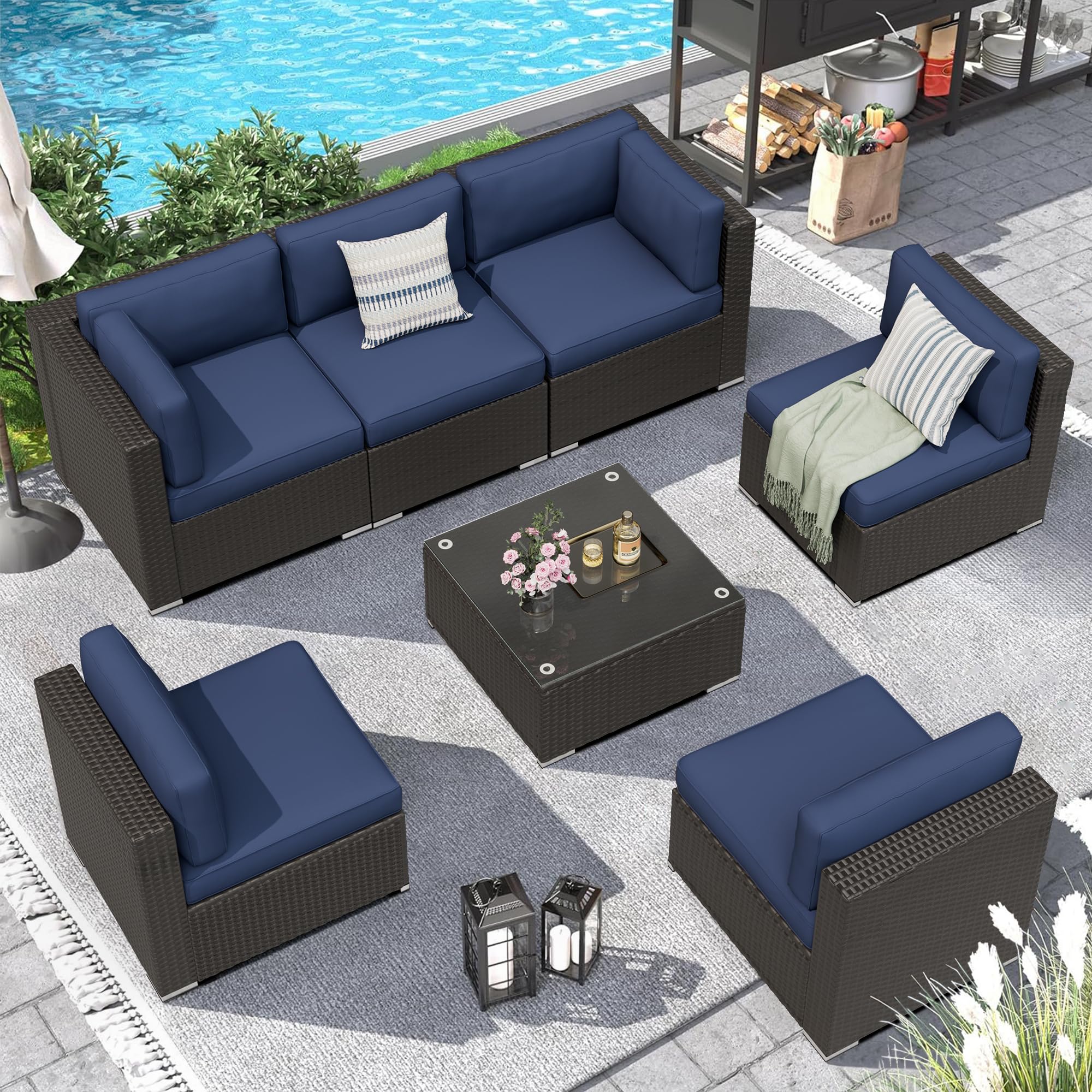 7-Piece All-Weather Outdoor Patio Furniture Set - Dark Blue Rattan Sectional Sofa with Glass Top Table & Removable Cushions - Manual Weaving Wicker Conversation Set for Backyard, Garden, Poolside or Terrace Relaxation