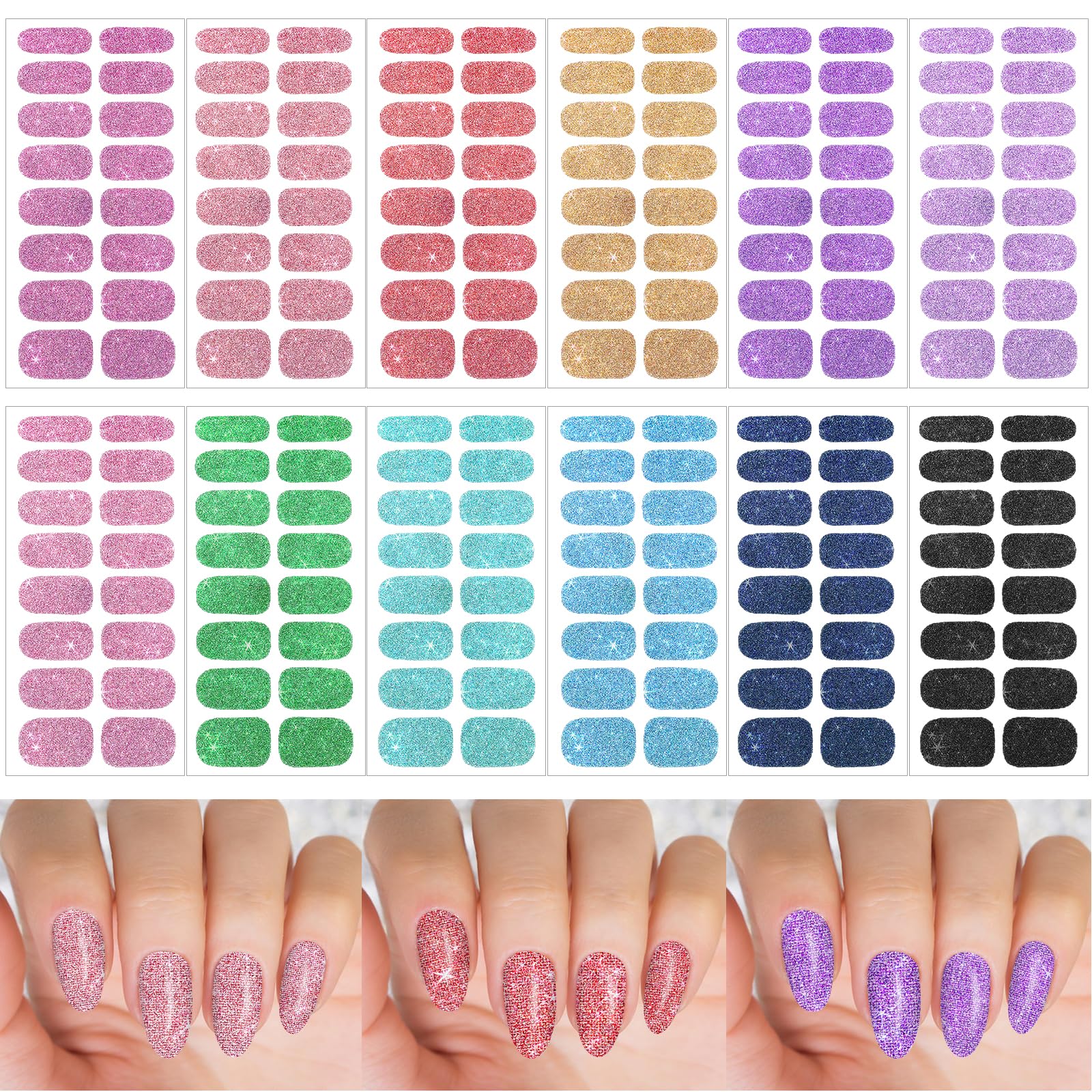 12 Sheets Glitter Nail Wraps - Self-Adhesive Nail Polish Strips & Decals for Women & Girls | Shiny Full Wrap Manicure Kit with Nail Art Designs | Perfect for Parties, Weddings, and Daily Nail Care