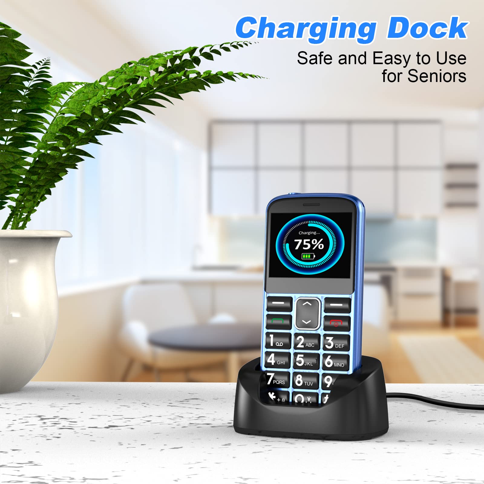 CHAKEYAKE Easy-to-Use Big Button Senior Cell Phone - Unlocked Dual SIM Basic Mobile Phone for Elderly with SOS Emergency Button, Charging Dock & Hearing Aid Compatibility (Blue) | Perfect for Emergency Calls, Daily Communication & Hearing Impaired Users