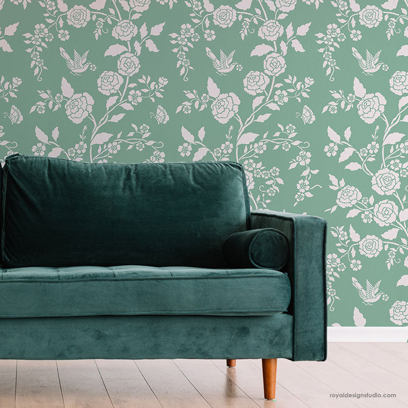 Meandering Rose Chinoiserie Wall Stencil - DIY Home Decor for Bedroom, Living Room & Nursery - Floral Pattern Painting Template for Walls and Furniture